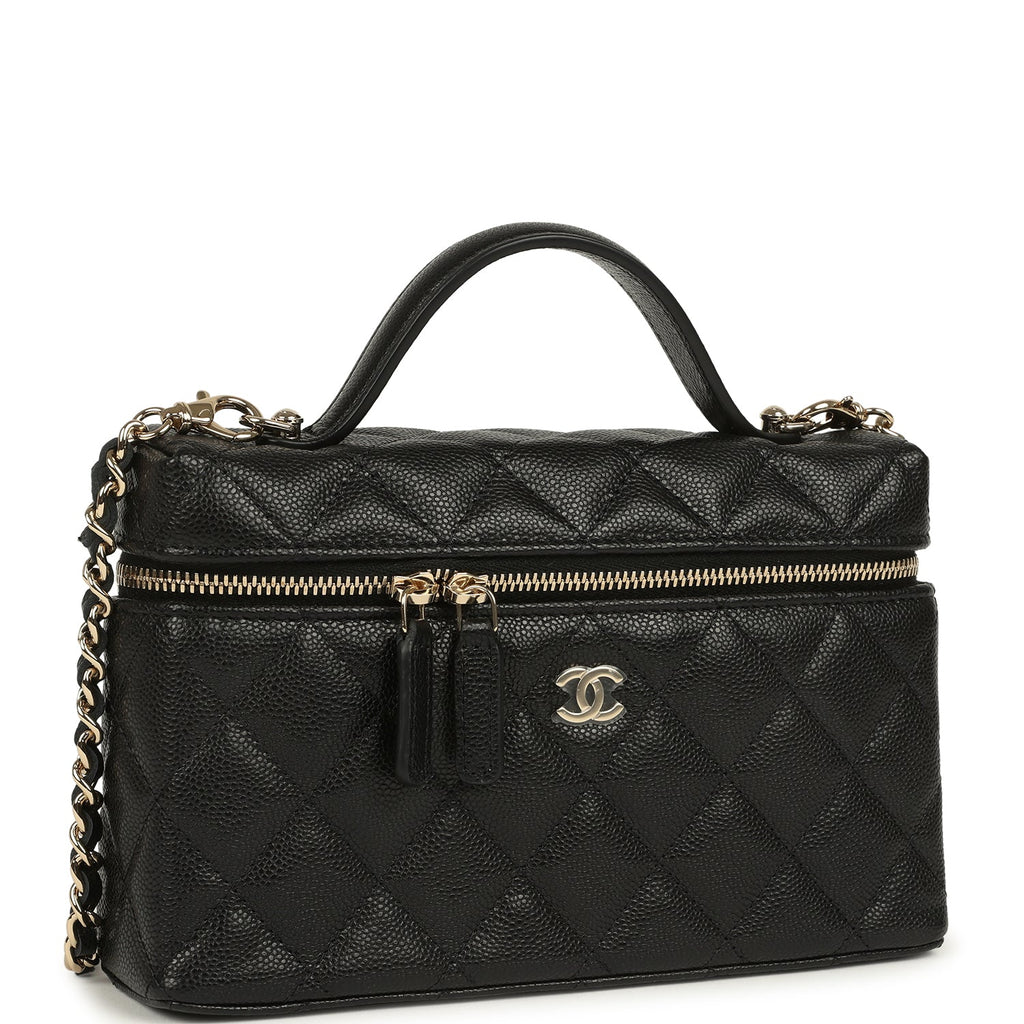 Chanel Top Handle Long Vanity Case with Chain Black Caviar Light Gold Hardware