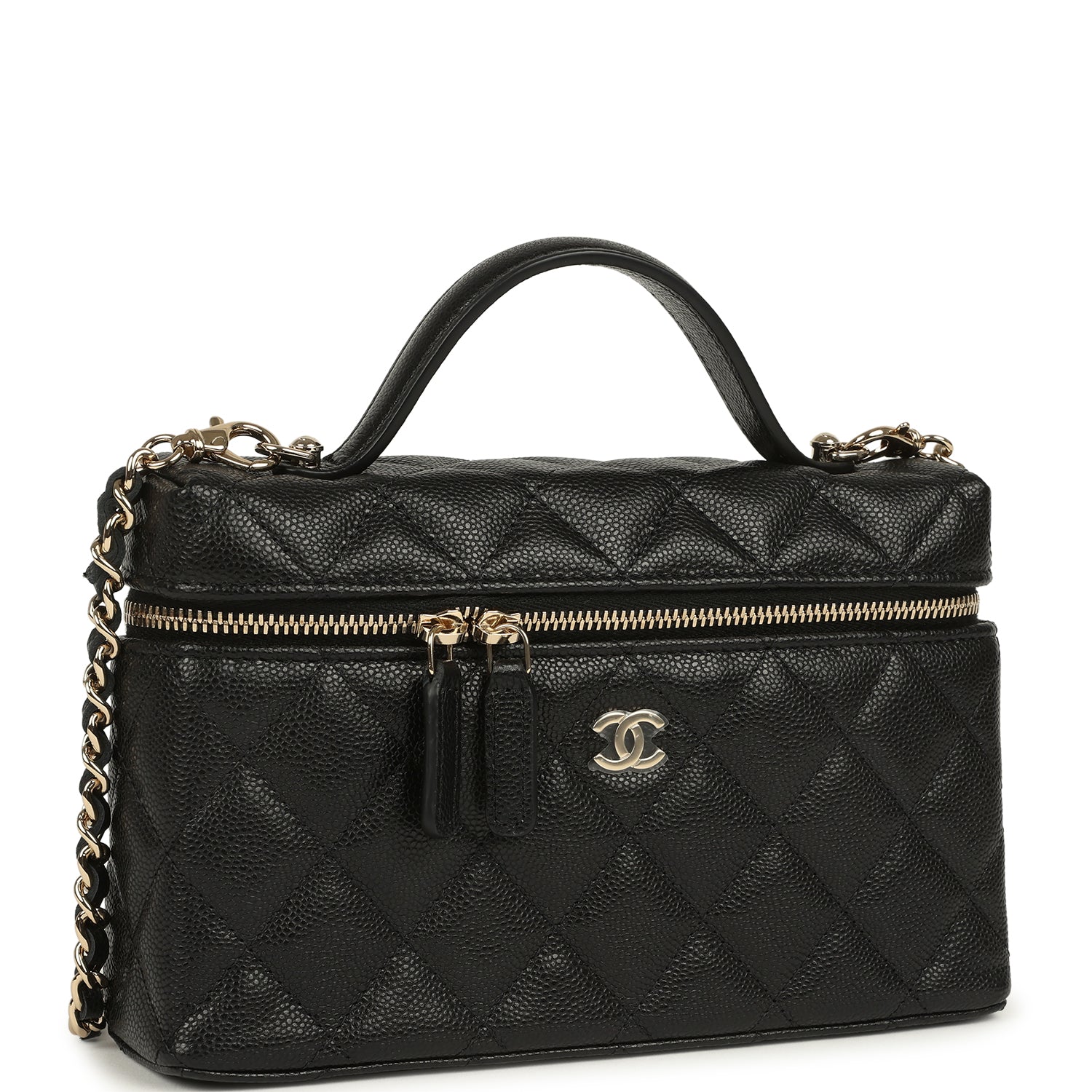 Chanel Top Handle Long Vanity Case with Chain Black Caviar Light Gold Hardware