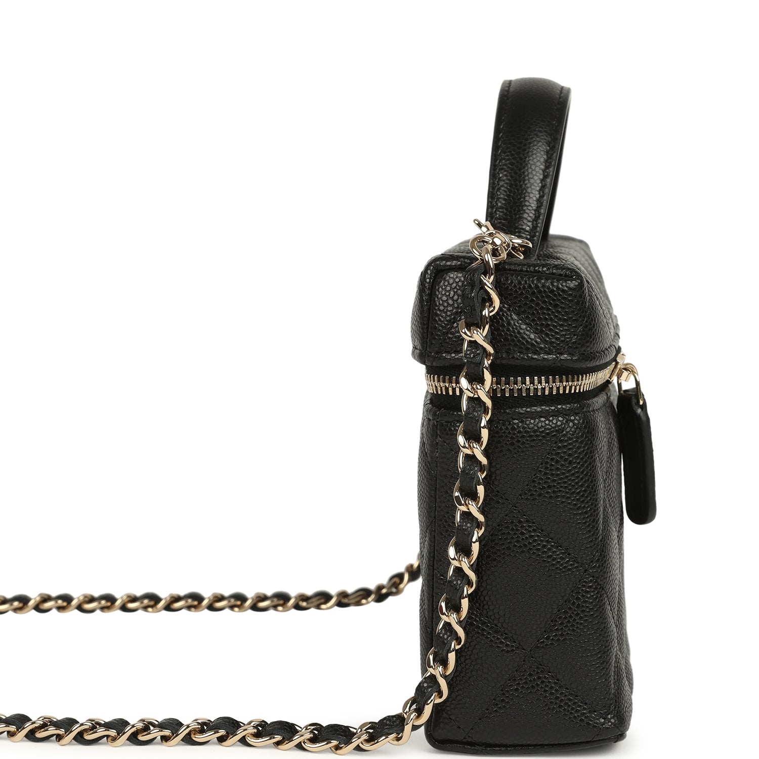 Chanel Top Handle Long Vanity Case with Chain Black Caviar Light Gold Hardware