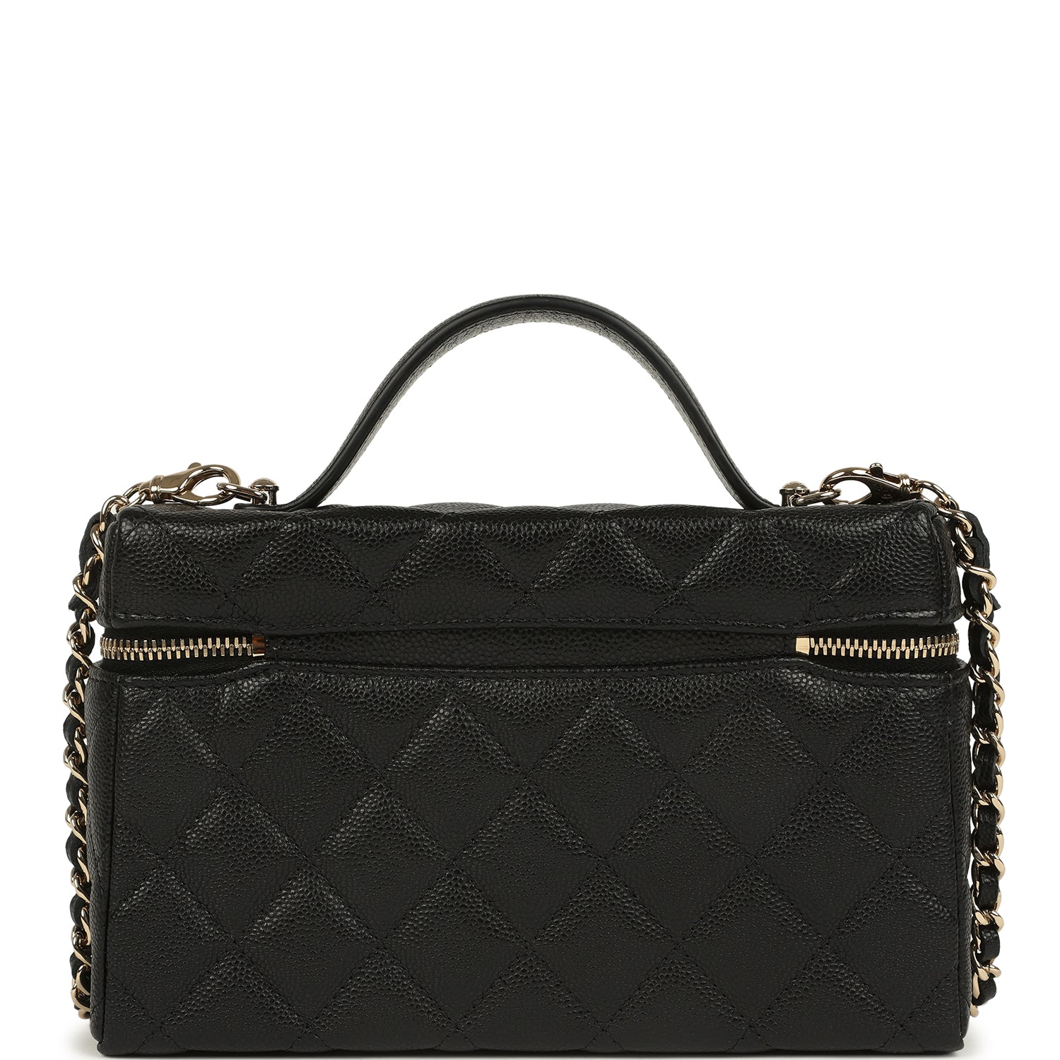 Chanel Top Handle Long Vanity Case with Chain Black Caviar Light Gold Hardware