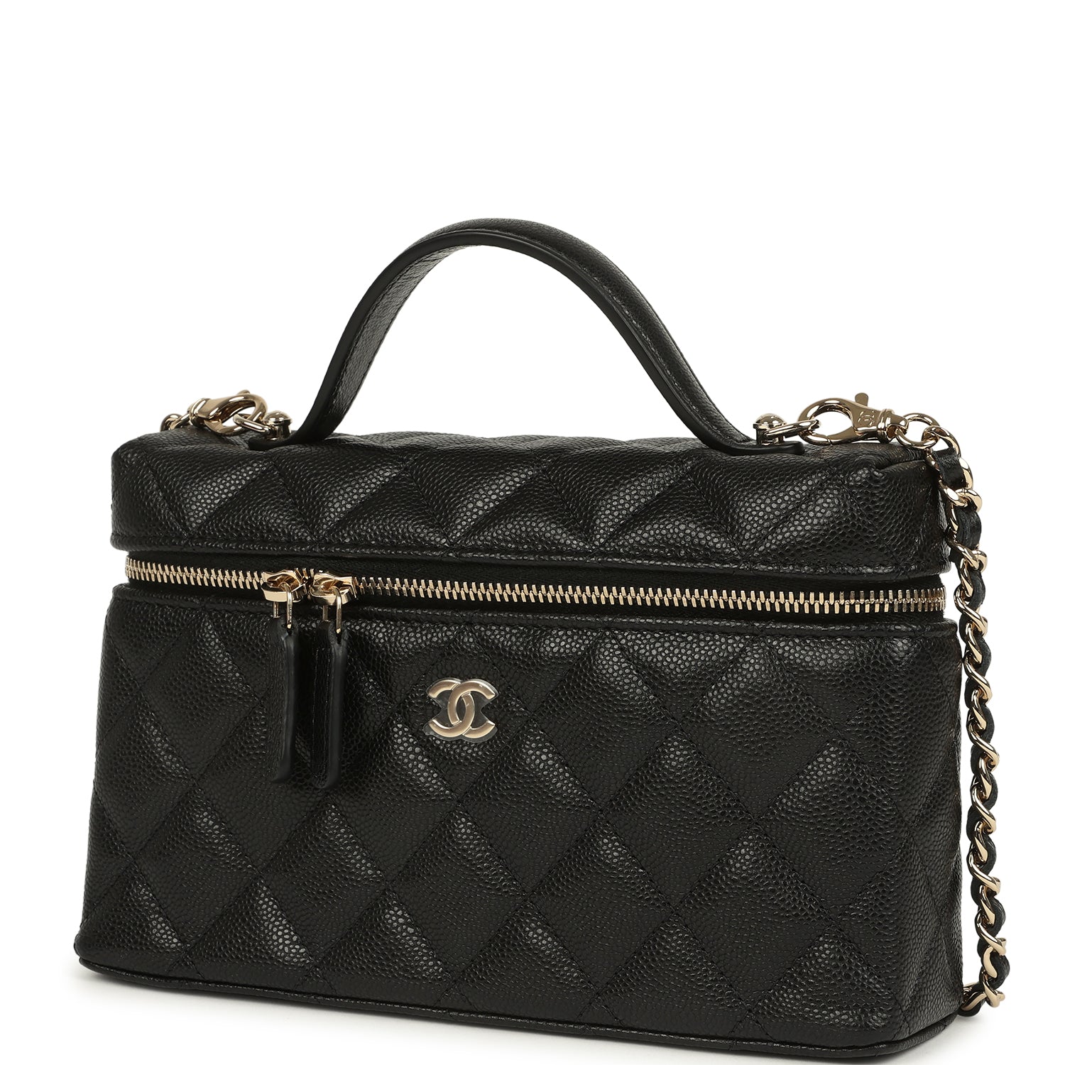 Chanel Top Handle Long Vanity Case with Chain Black Caviar Light Gold Hardware