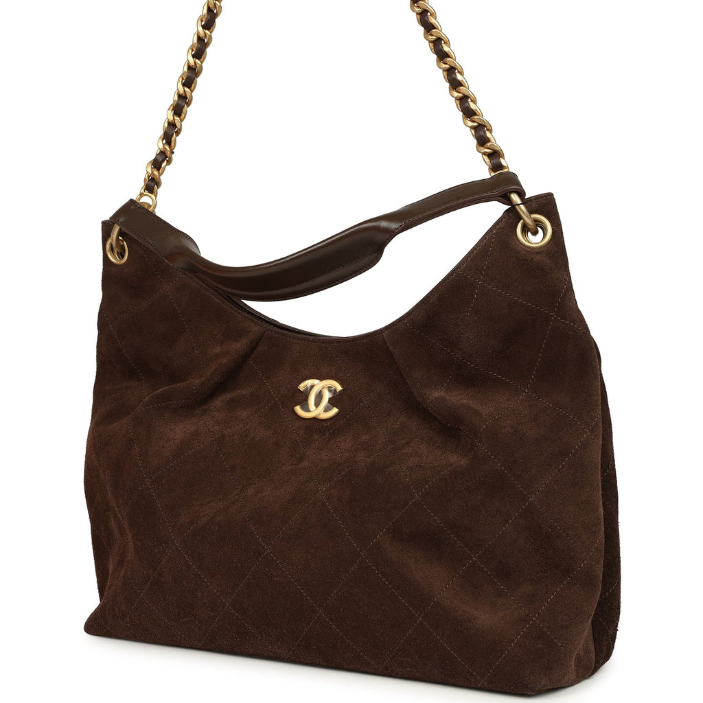 Chanel Maxi Hobo Bag Dark Brown Suede Antique Gold Hardware