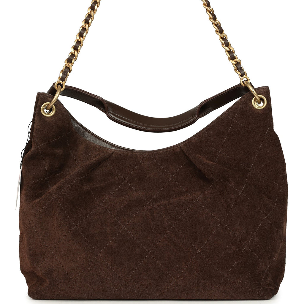 Chanel Maxi Hobo Bag Dark Brown Suede Antique Gold Hardware