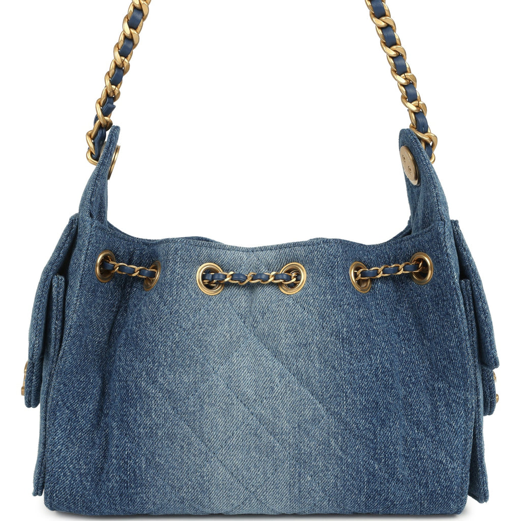 Chanel Mini 25 Hobo Bag Blue Washed Denim Antique Gold Hardware