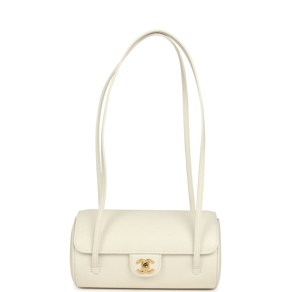 Chanel Preppy Coco Bowling Bag White Shiny Caviar Brushed Gold Hardware