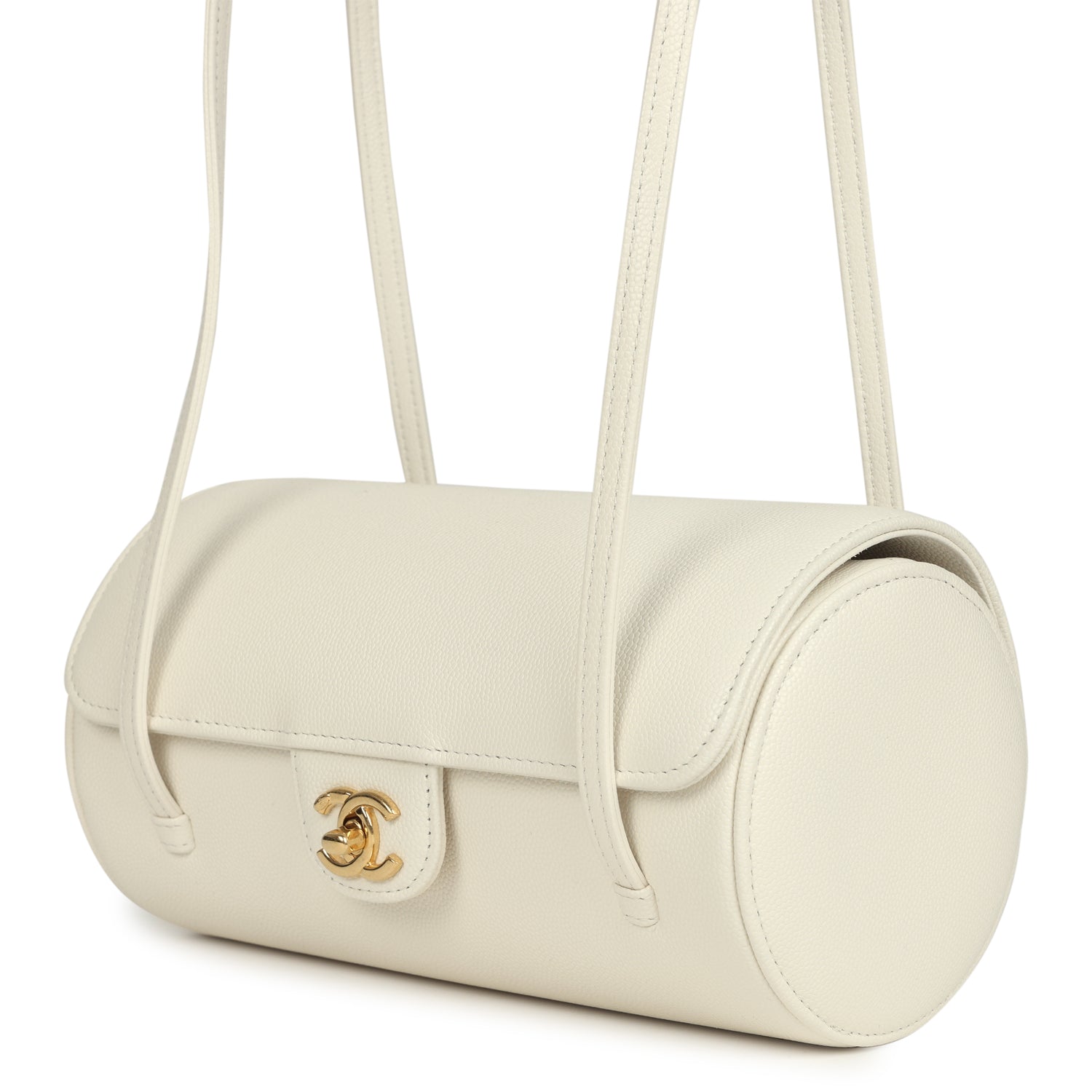 Chanel Preppy Coco Bowling Bag White Shiny Caviar Brushed Gold Hardware