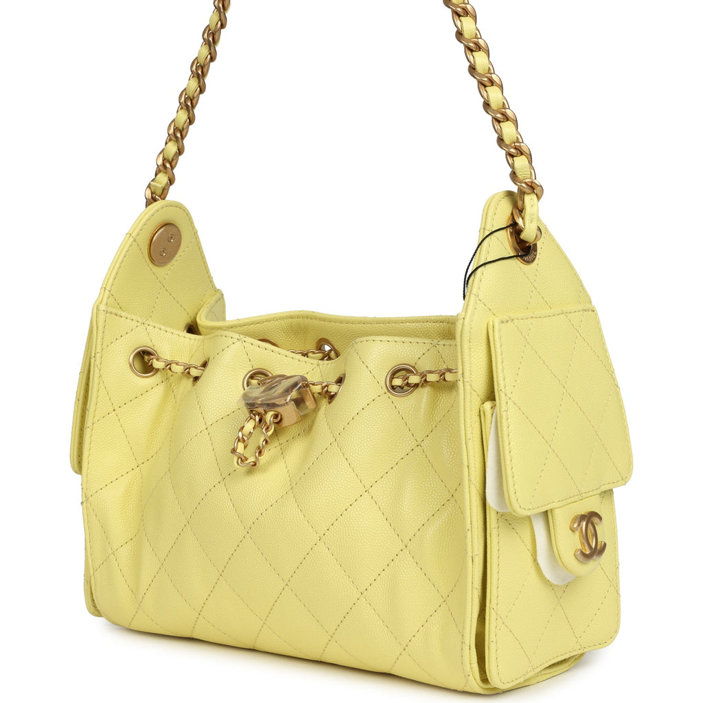Chanel Mini 25 Hobo Bag Light Yellow Caviar Antique Gold Hardware