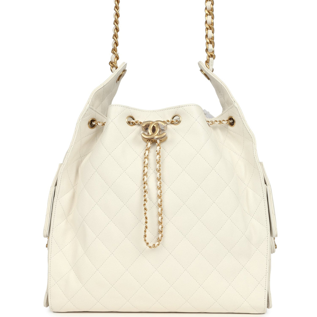 Chanel Medium 25 Hobo Bag White Caviar Antique Gold Hardware