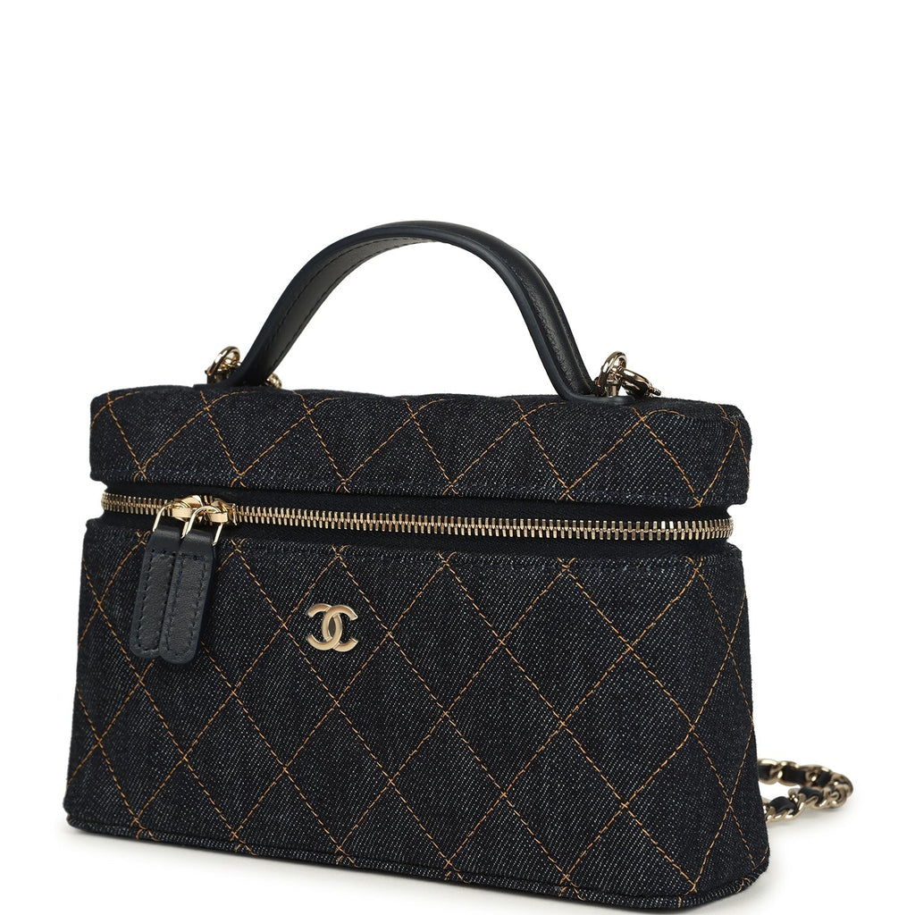 Chanel Top Handle Long Vanity Case with Chain Dark Blue Denim Light Gold Hardware