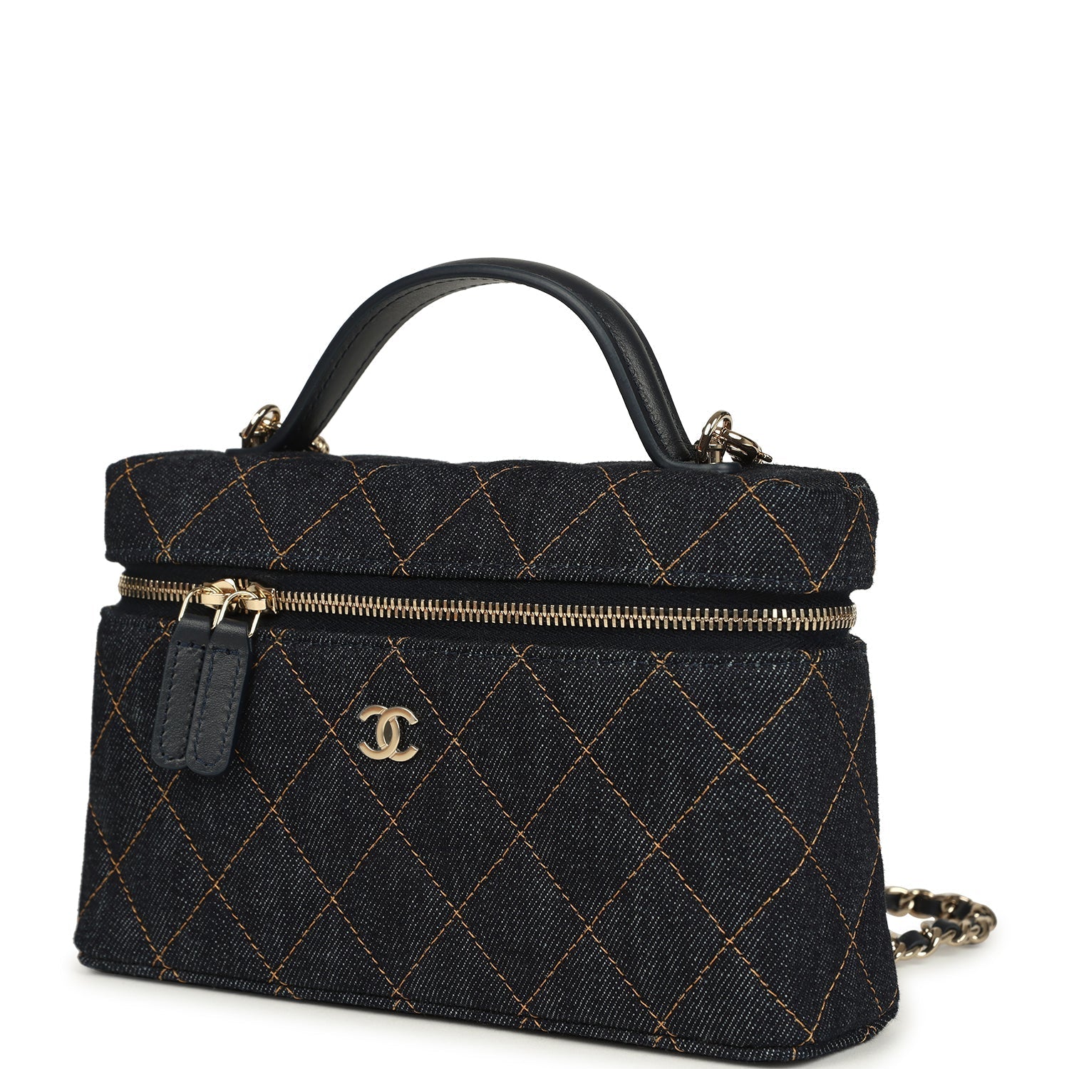 Chanel Top Handle Long Vanity Case with Chain Dark Blue Denim Light Gold Hardware