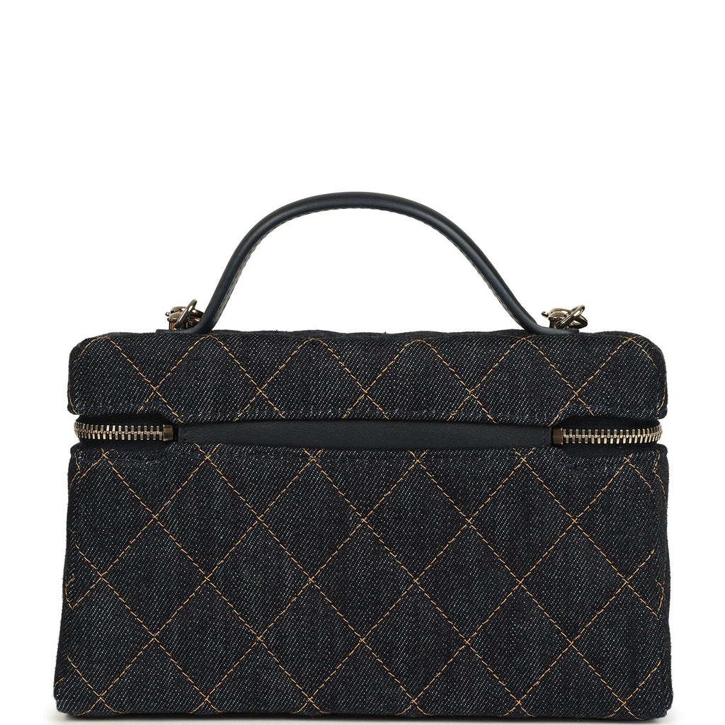 Chanel Top Handle Long Vanity Case with Chain Dark Blue Denim Light Gold Hardware