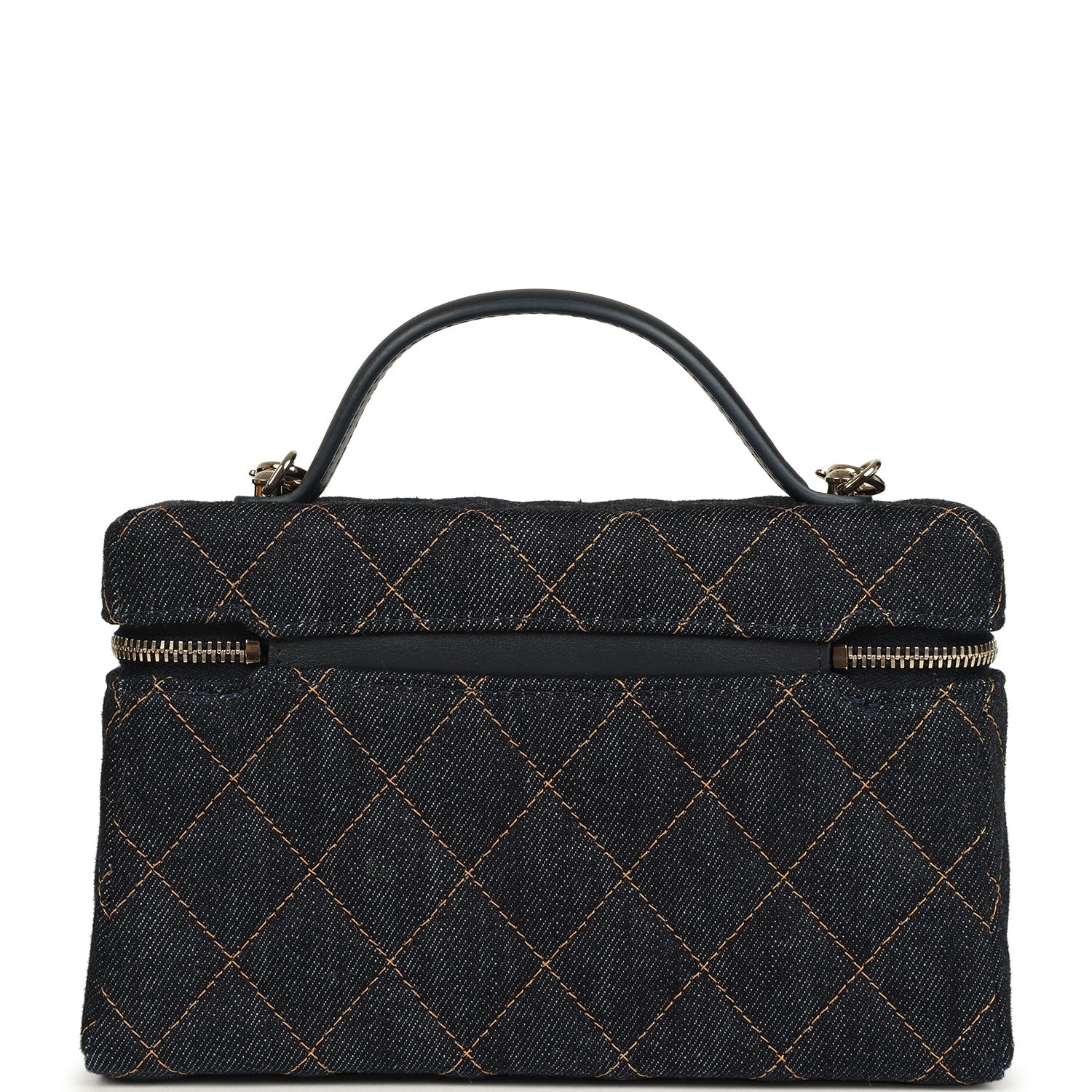 Chanel Top Handle Long Vanity Case with Chain Dark Blue Denim Light Gold Hardware