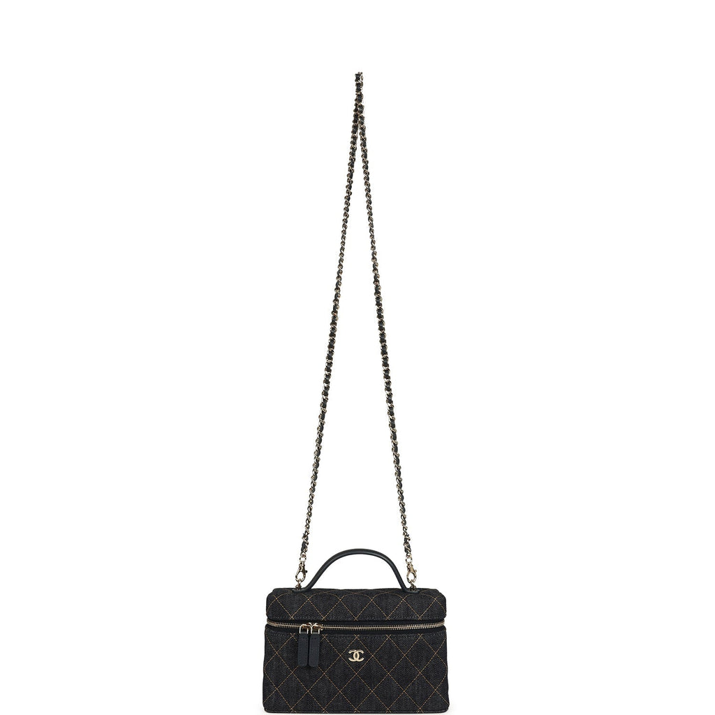 Chanel Top Handle Long Vanity Case with Chain Dark Blue Denim Light Gold Hardware
