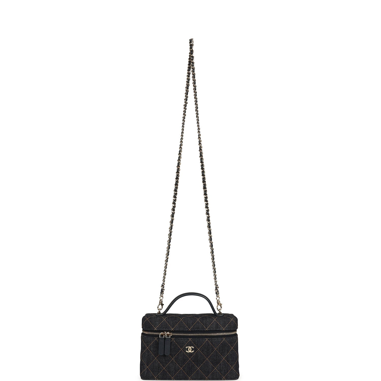 Chanel Top Handle Long Vanity Case with Chain Dark Blue Denim Light Gold Hardware