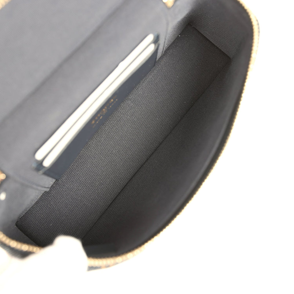 Chanel Top Handle Long Vanity Case with Chain Dark Blue Denim Light Gold Hardware