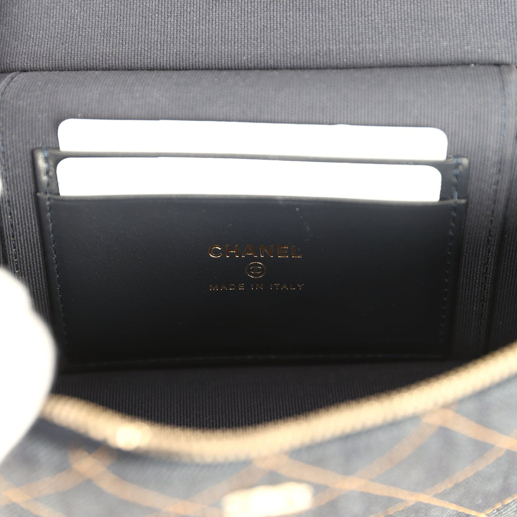 Chanel Top Handle Long Vanity Case with Chain Dark Blue Denim Light Gold Hardware