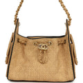Chanel Mini 25 Hobo Bag Beige Raffia and Black Calfskin Antique Gold Hardware