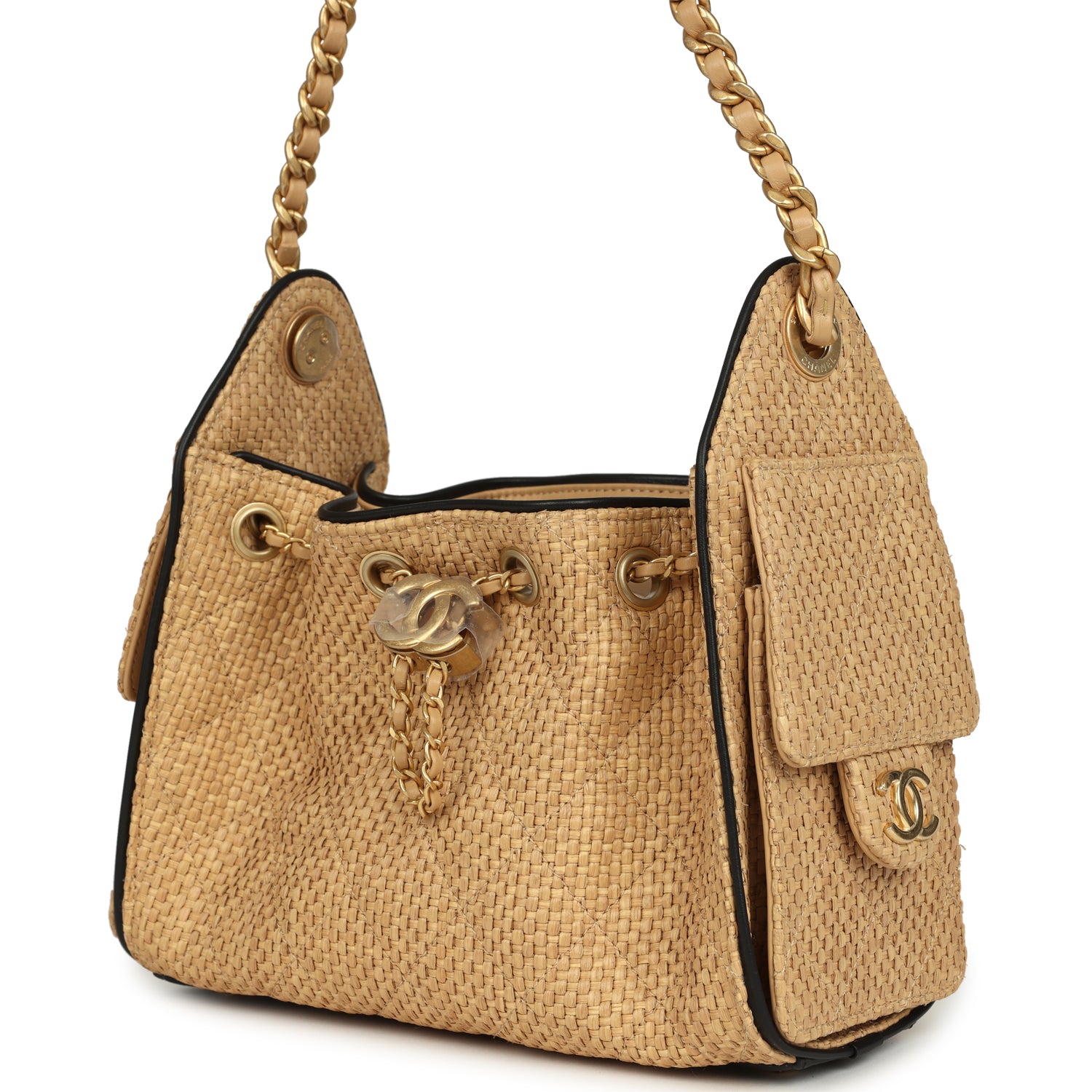 Chanel Mini 25 Hobo Bag Beige Raffia and Black Calfskin Antique Gold Hardware
