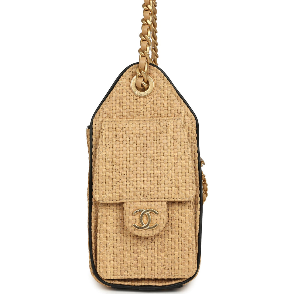 Chanel Mini 25 Hobo Bag Beige Raffia and Black Calfskin Antique Gold Hardware
