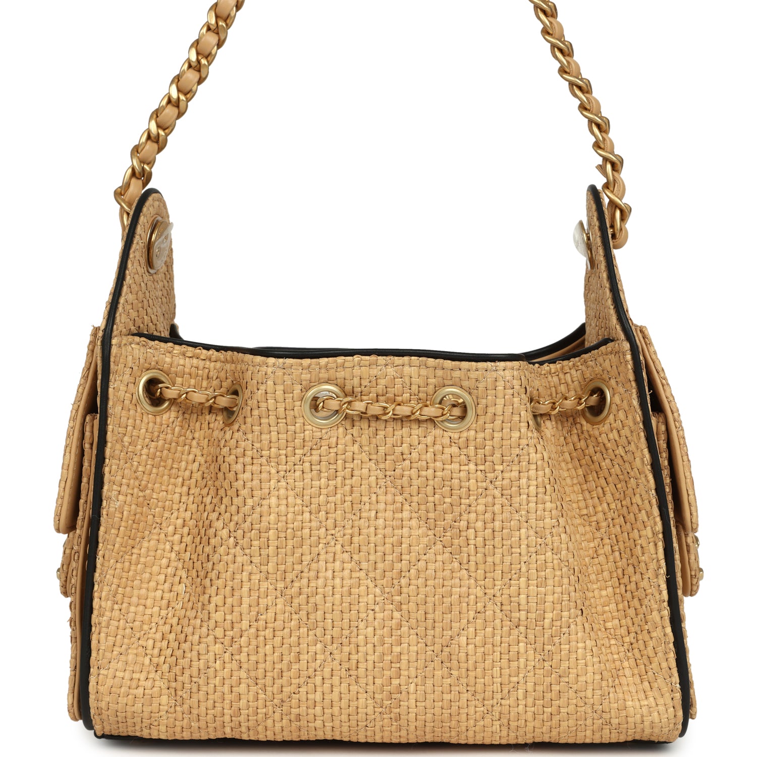 Chanel Mini 25 Hobo Bag Beige Raffia and Black Calfskin Antique Gold Hardware