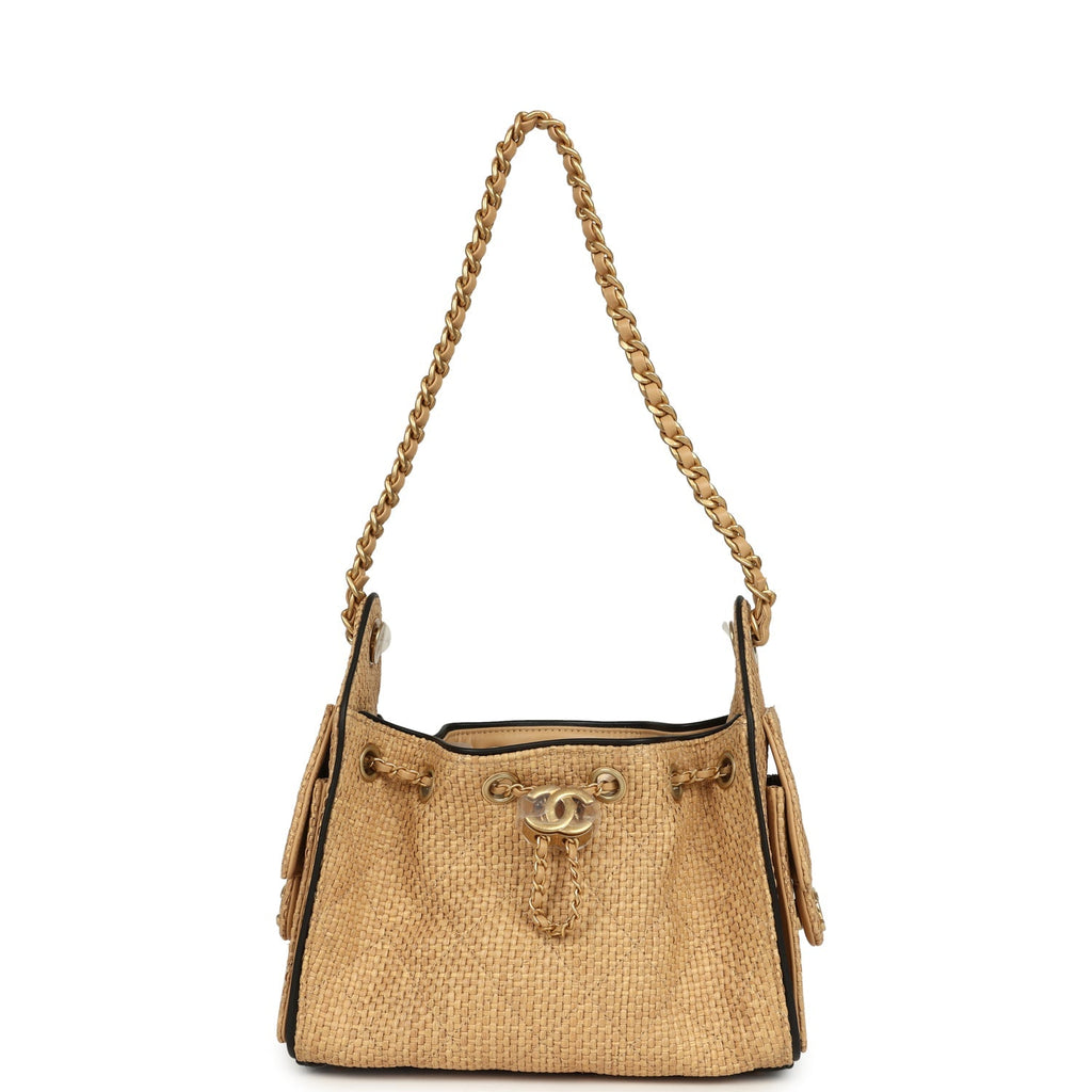 Chanel Mini 25 Hobo Bag Beige Raffia and Black Calfskin Antique Gold Hardware
