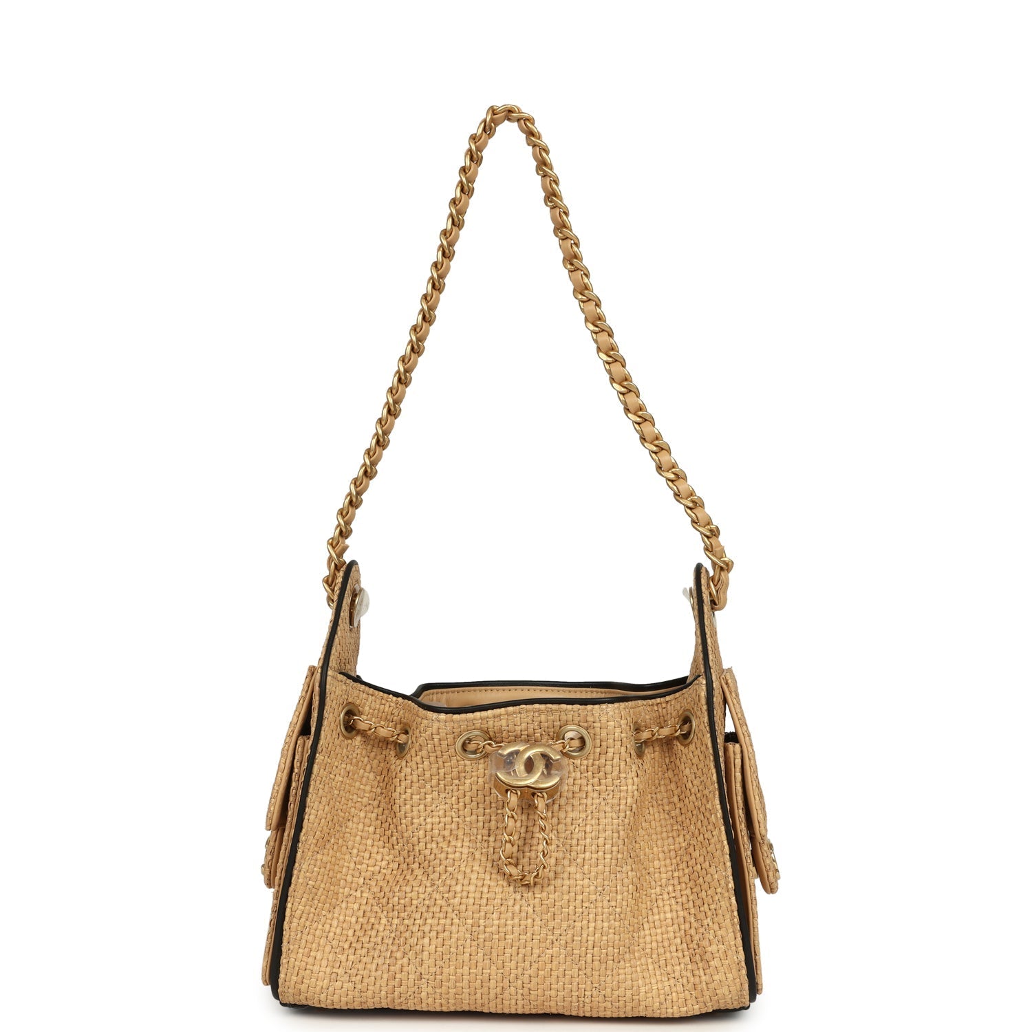 Chanel Mini 25 Hobo Bag Beige Raffia and Black Calfskin Antique Gold Hardware