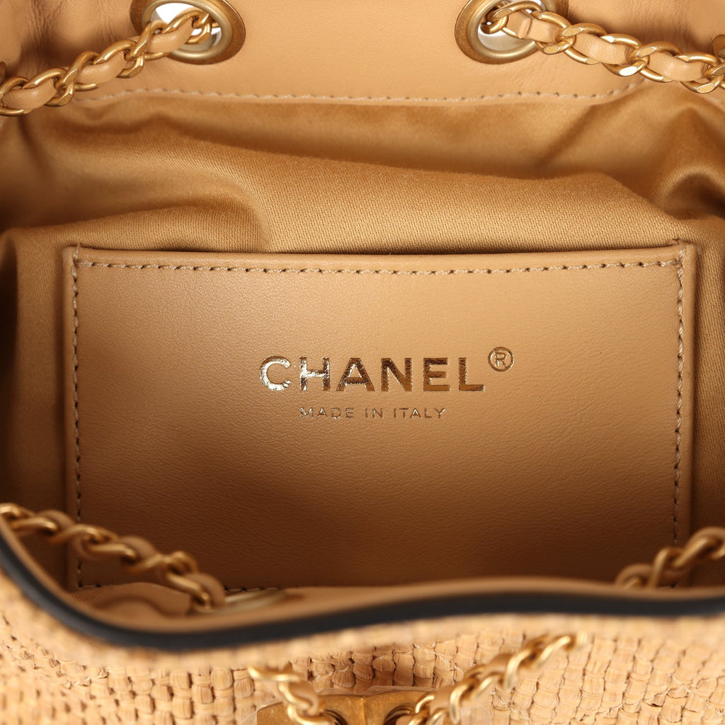 Chanel Mini 25 Hobo Bag Beige Raffia and Black Calfskin Antique Gold Hardware