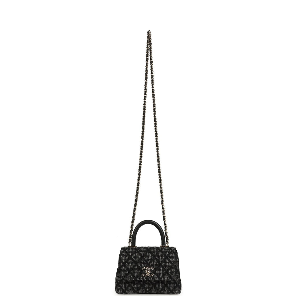 Chanel Nano Coco Top Handle Flap Bag Black Washed Denim Light Gold Hardware