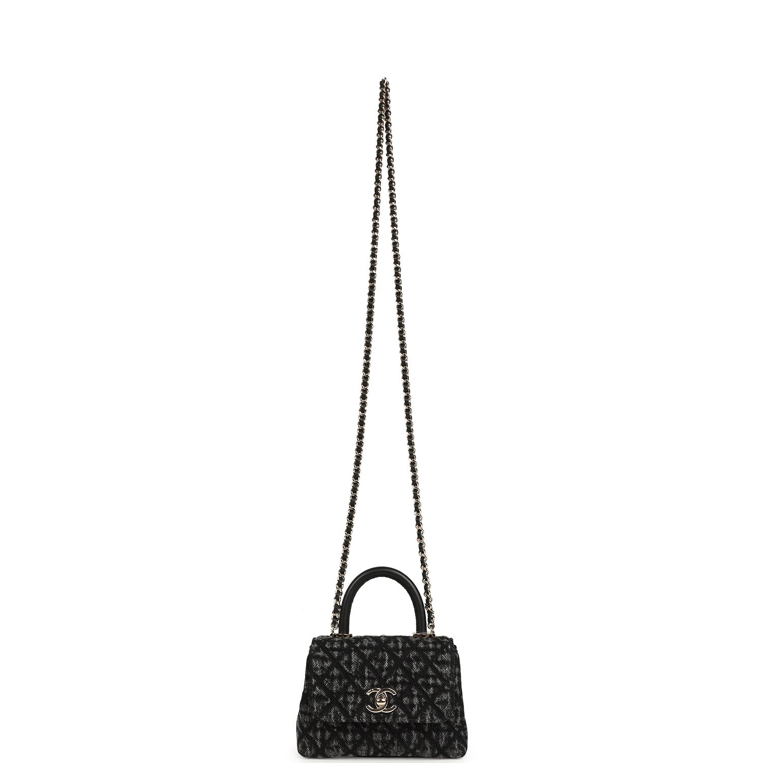 Chanel Nano Coco Top Handle Flap Bag Black Washed Denim Light Gold Hardware
