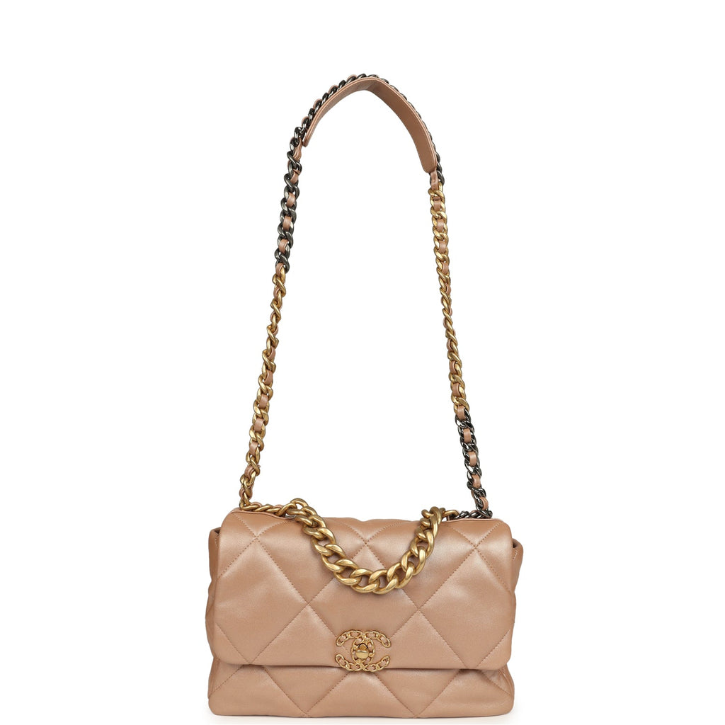 Chanel Large 19 Flap Bag Beige Iridescent Lambskin Mixed Metal Hardware