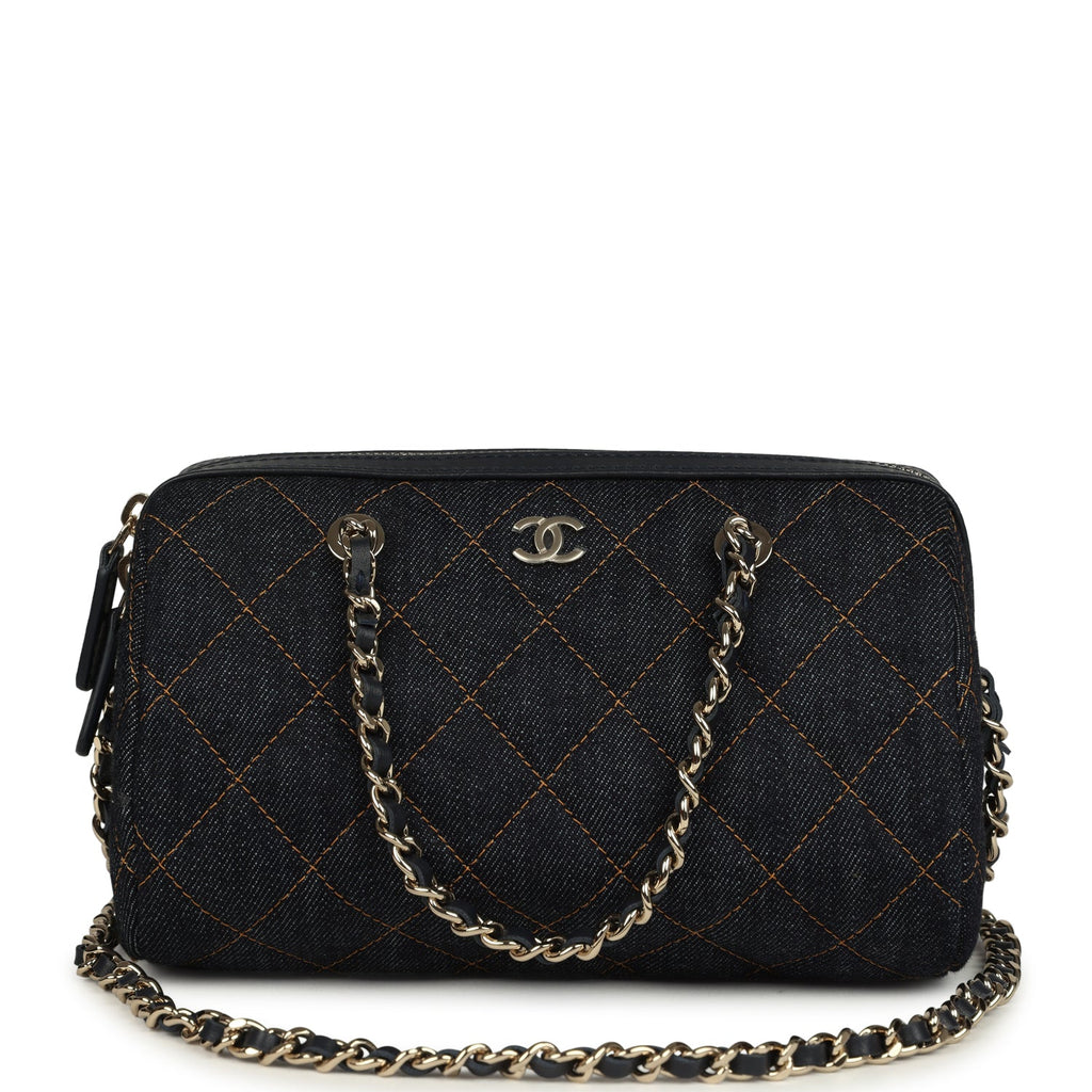Chanel Mini Timeless Classic Barrel Bag with Chain Dark Blue Denim Light Gold Hardware