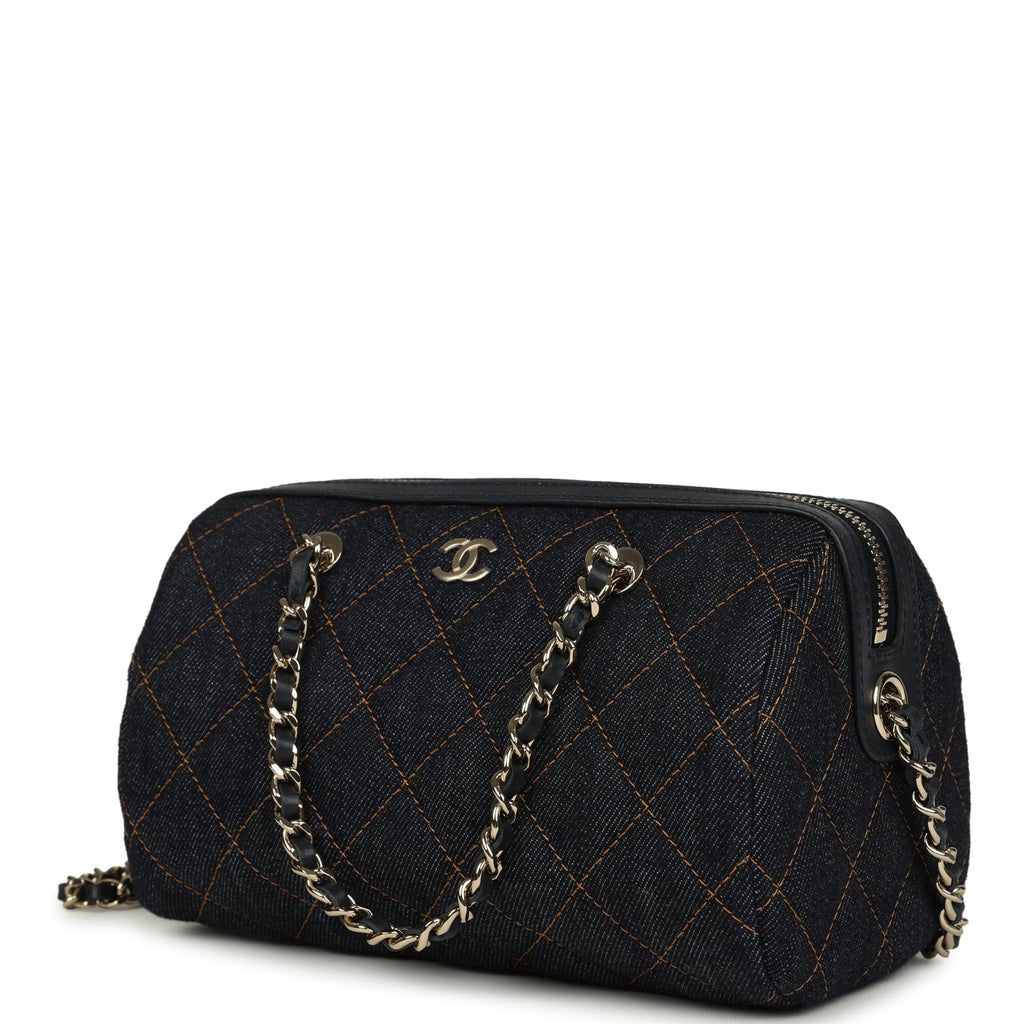 Chanel Mini Timeless Classic Barrel Bag with Chain Dark Blue Denim Light Gold Hardware