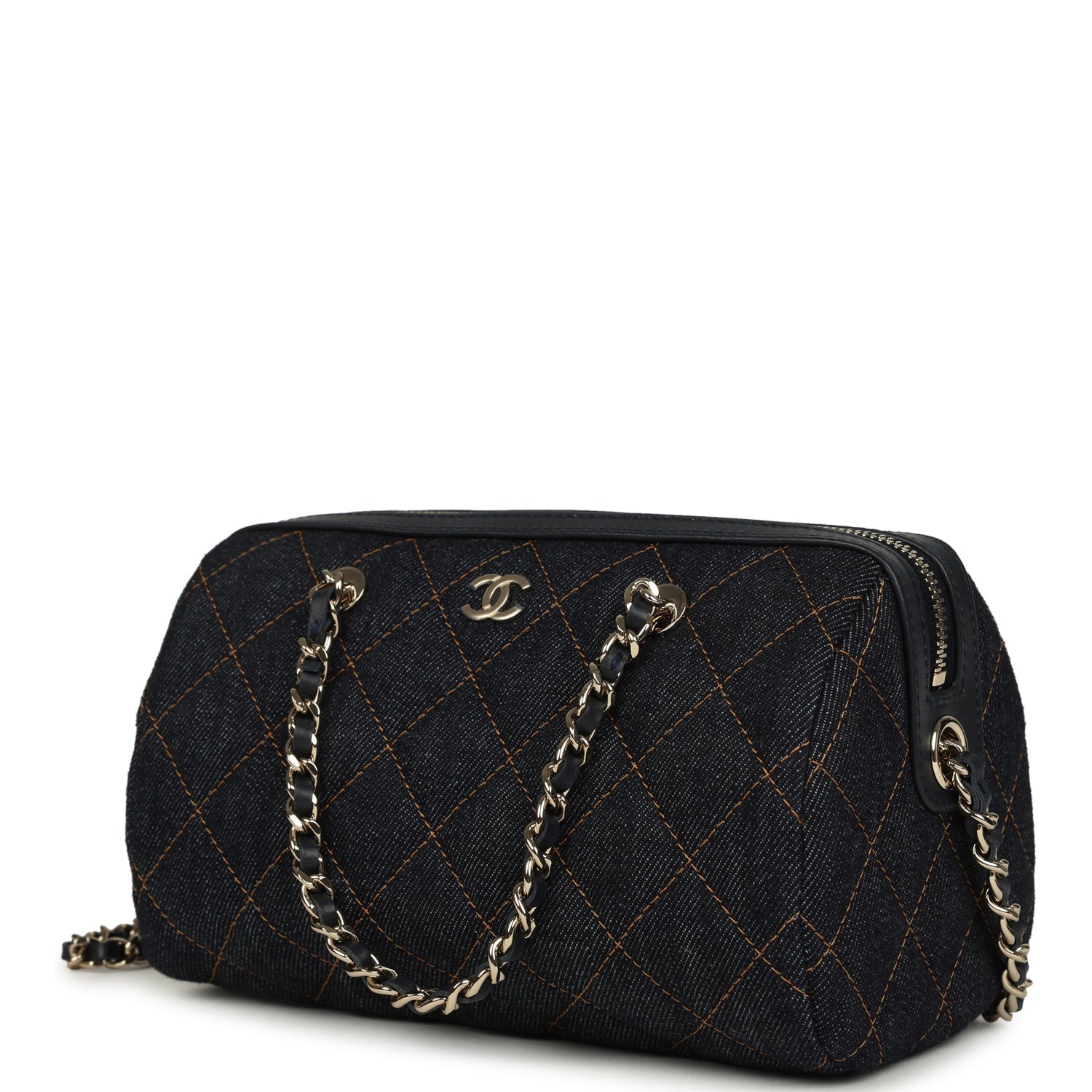 Chanel Mini Timeless Classic Barrel Bag with Chain Dark Blue Denim Light Gold Hardware