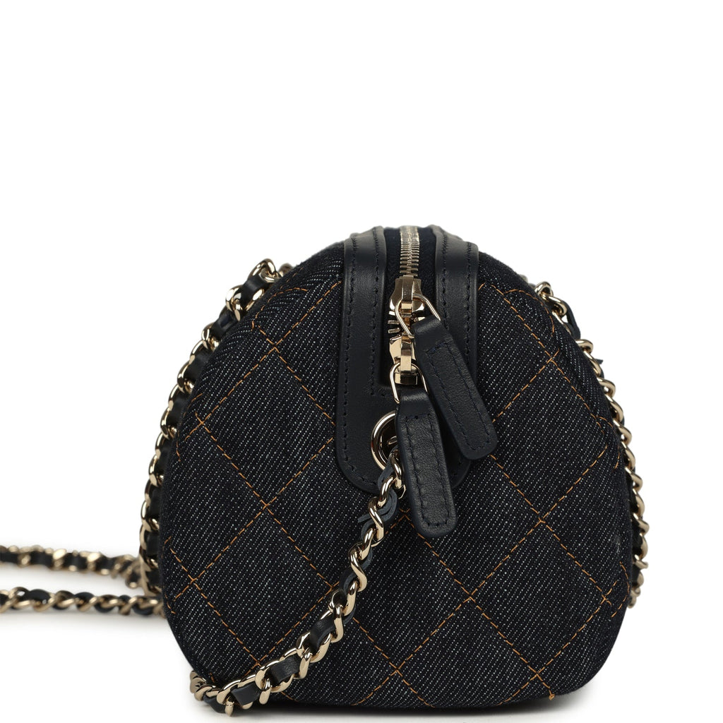 Chanel Mini Timeless Classic Barrel Bag with Chain Dark Blue Denim Light Gold Hardware