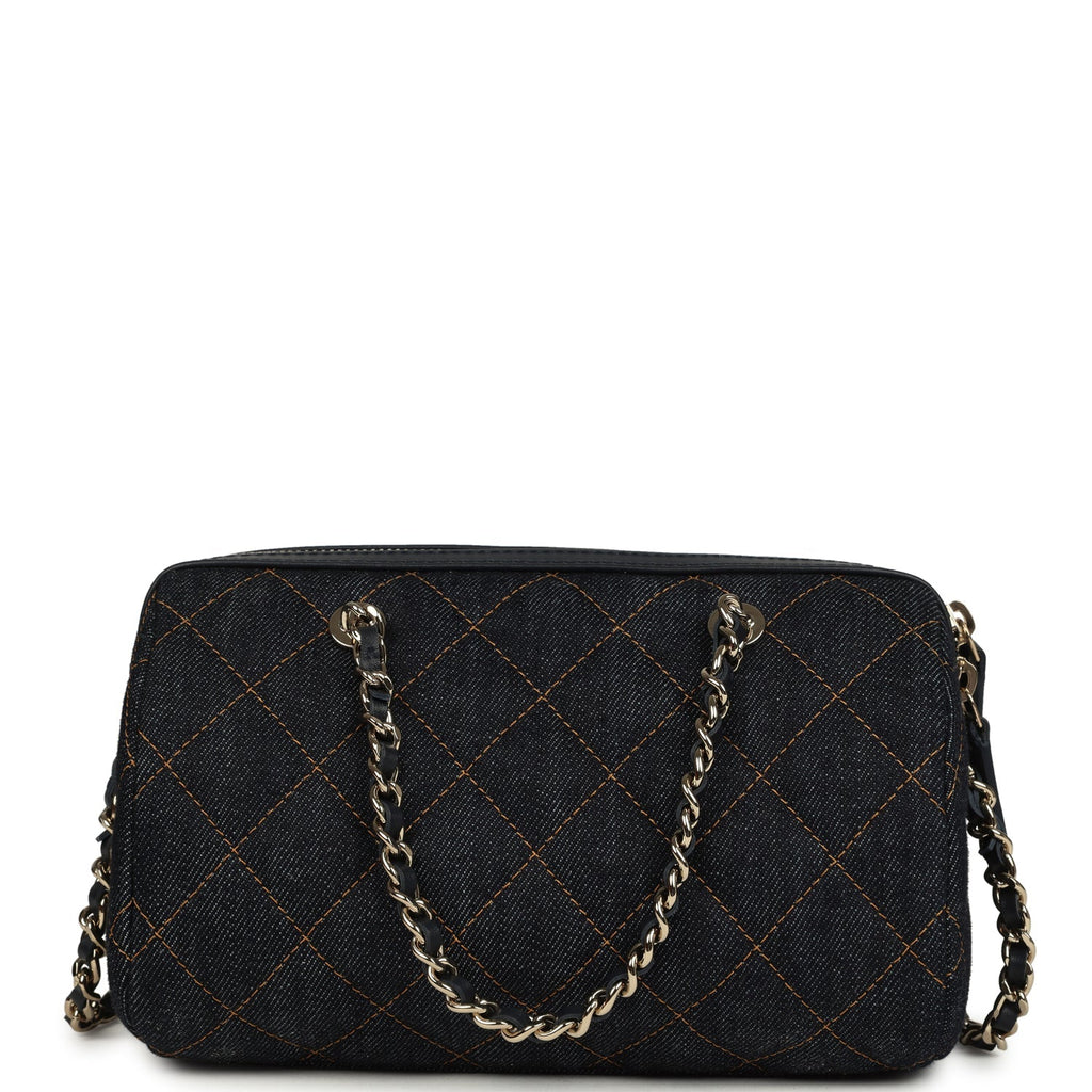 Chanel Mini Timeless Classic Barrel Bag with Chain Dark Blue Denim Light Gold Hardware