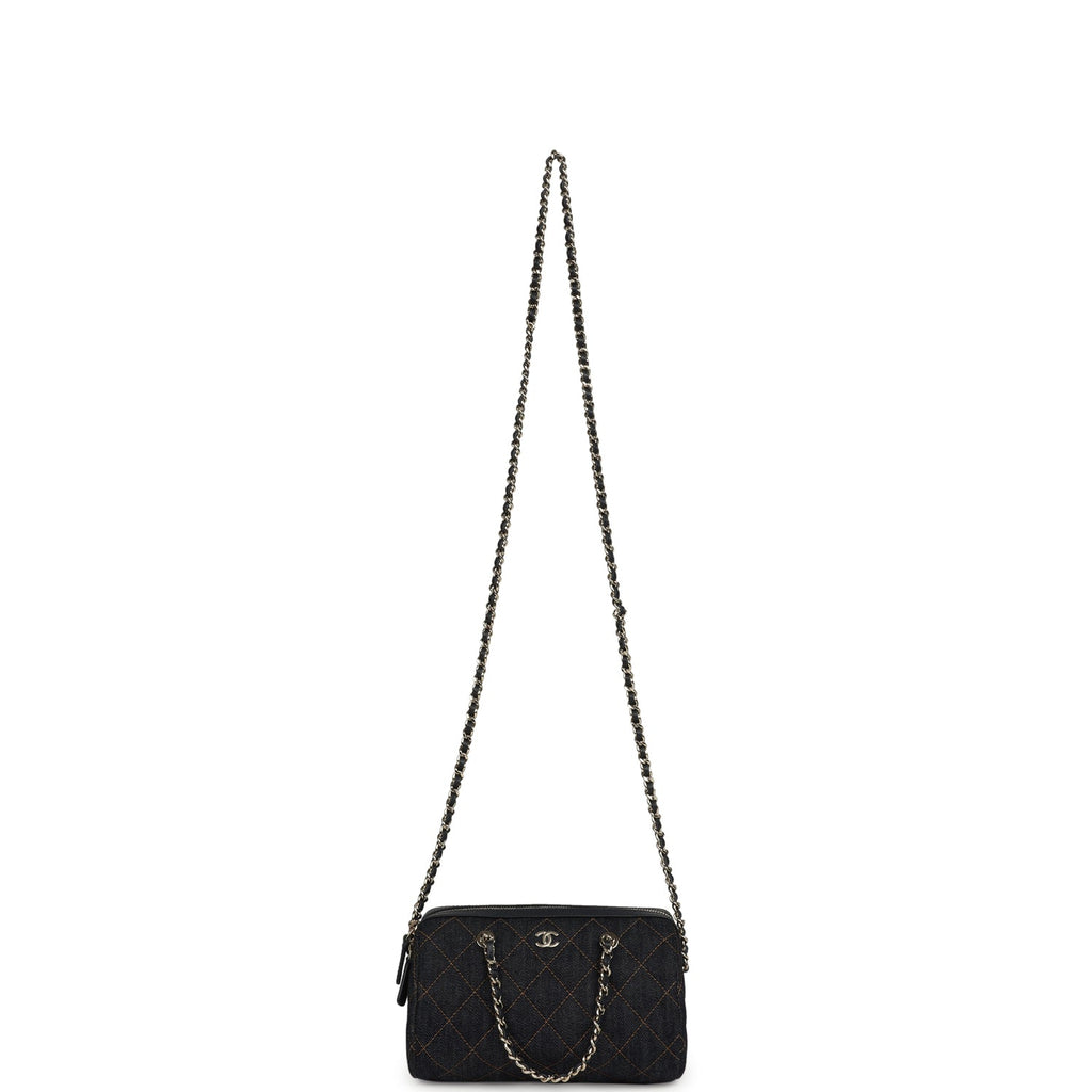 Chanel Mini Timeless Classic Barrel Bag with Chain Dark Blue Denim Light Gold Hardware