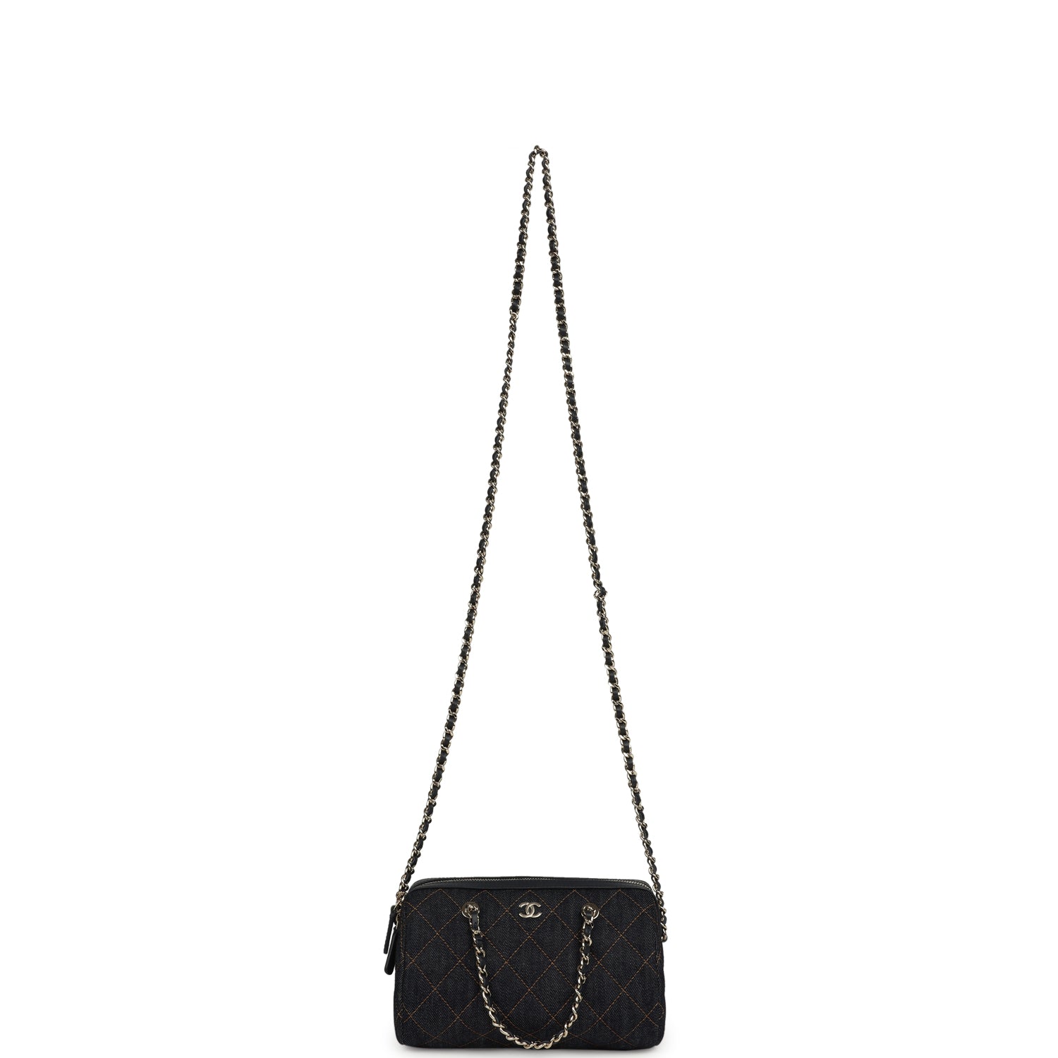 Chanel Mini Timeless Classic Barrel Bag with Chain Dark Blue Denim Light Gold Hardware