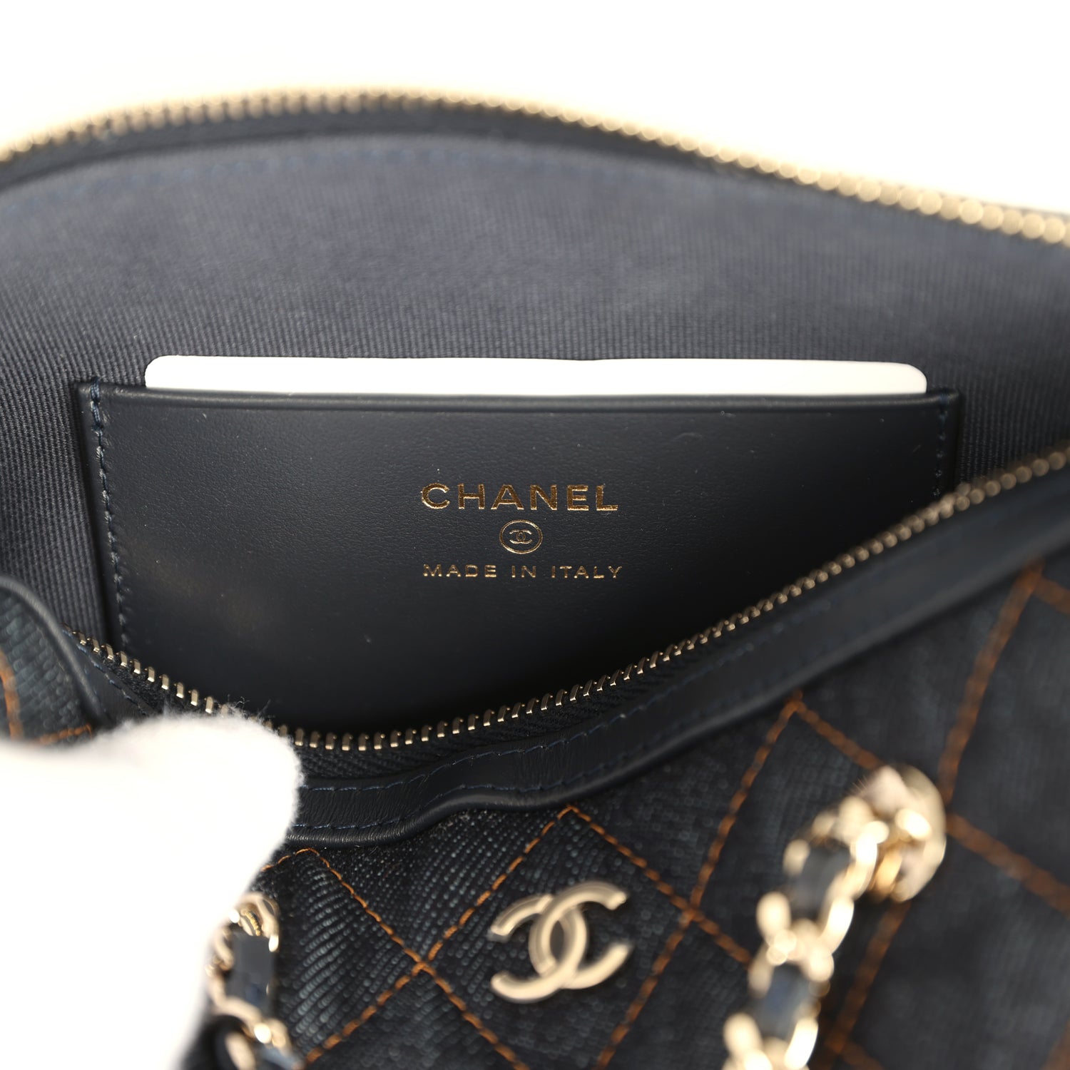 Chanel Mini Timeless Classic Barrel Bag with Chain Dark Blue Denim Light Gold Hardware