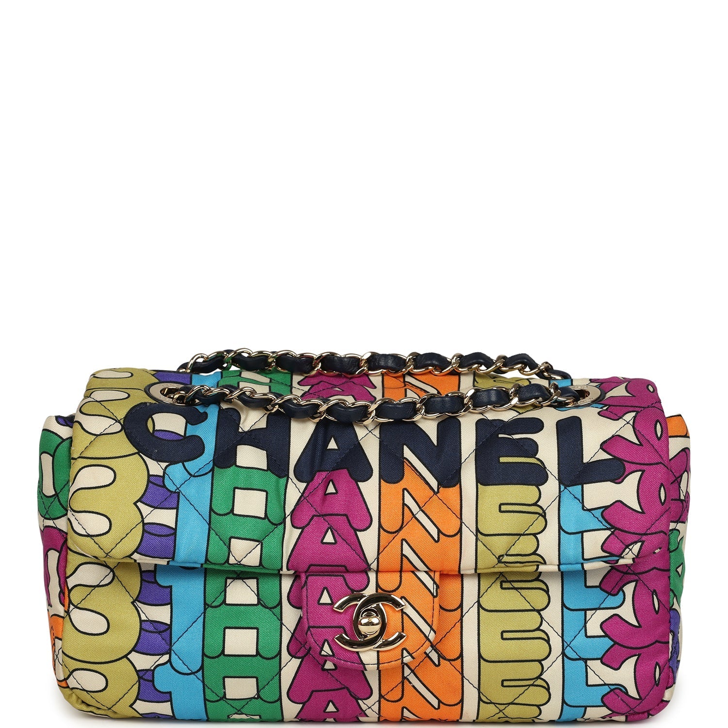 Chanel Medium Logo Flap Bag Rainbow Multicolored Printed Nylon Light Gold Hardware