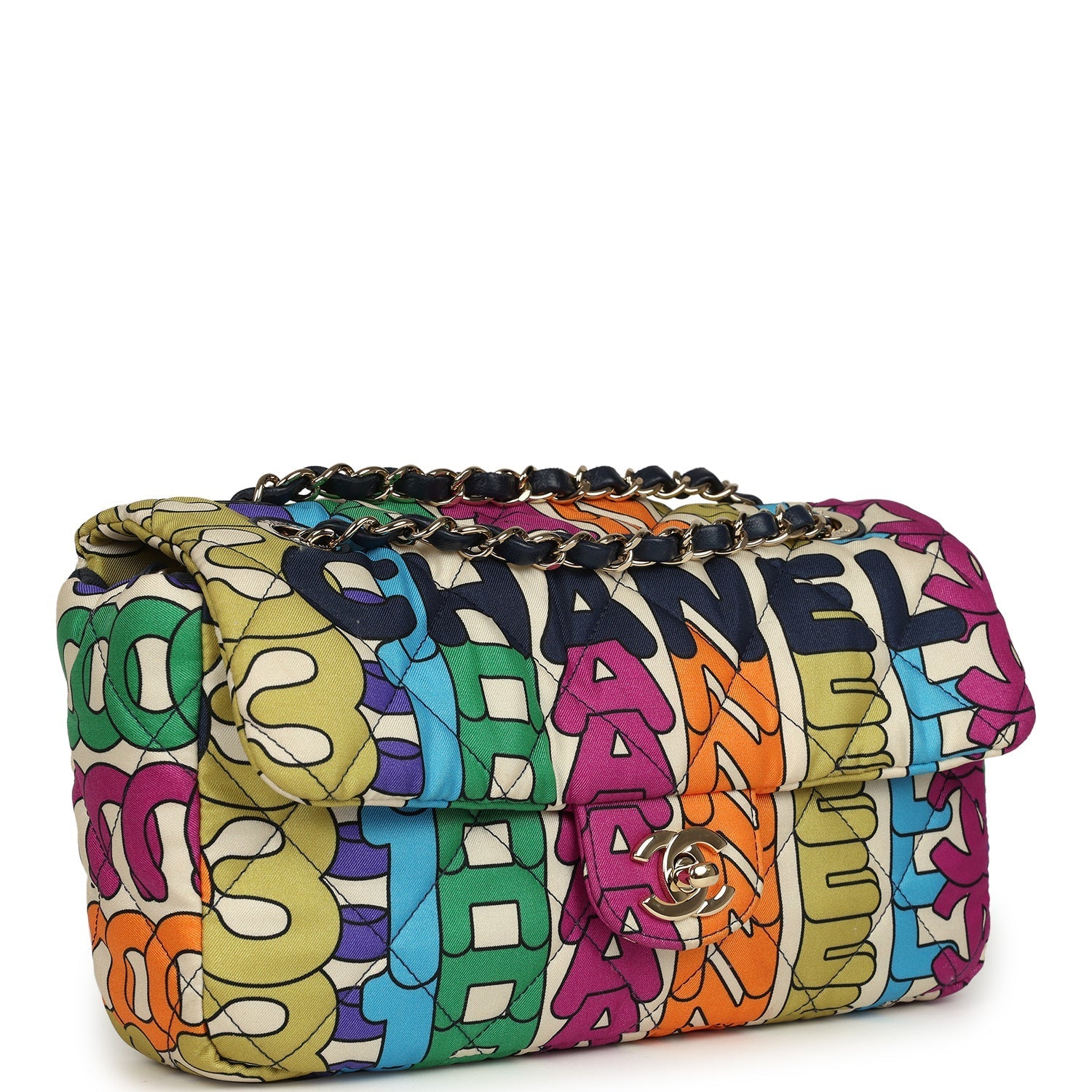 Chanel Medium Logo Flap Bag Rainbow Multicolored Printed Nylon Light Gold Hardware