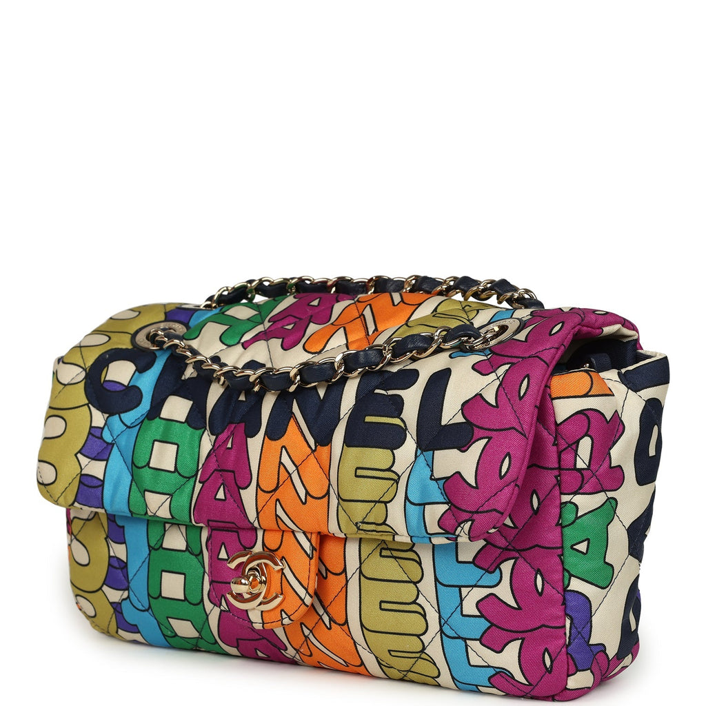 Chanel Medium Logo Flap Bag Rainbow Multicolored Printed Nylon Light Gold Hardware