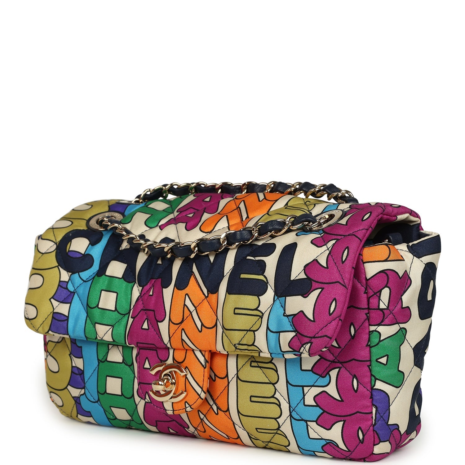 Chanel Medium Logo Flap Bag Rainbow Multicolored Printed Nylon Light Gold Hardware