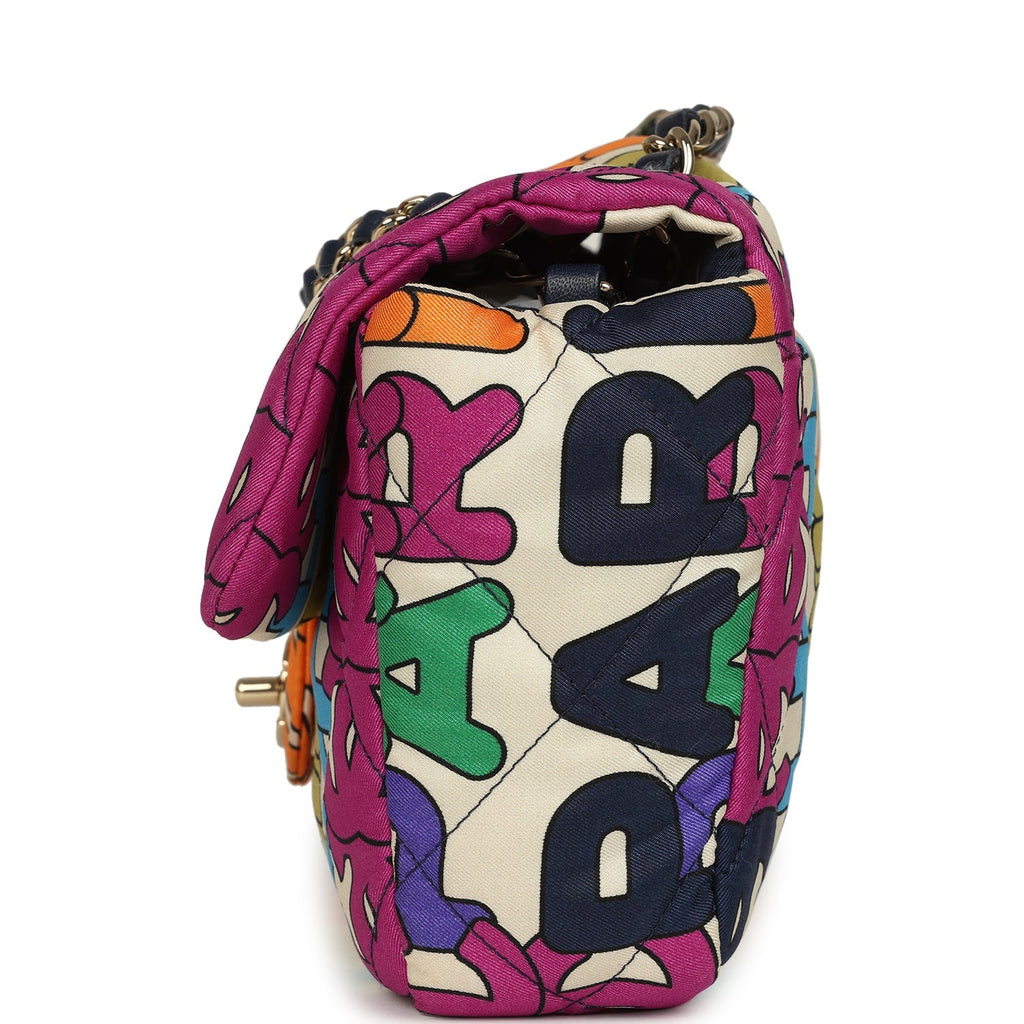 Chanel Medium Logo Flap Bag Rainbow Multicolored Printed Nylon Light Gold Hardware