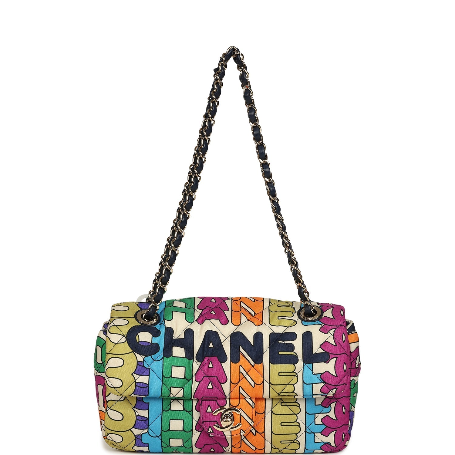 Chanel Medium Logo Flap Bag Rainbow Multicolored Printed Nylon Light Gold Hardware