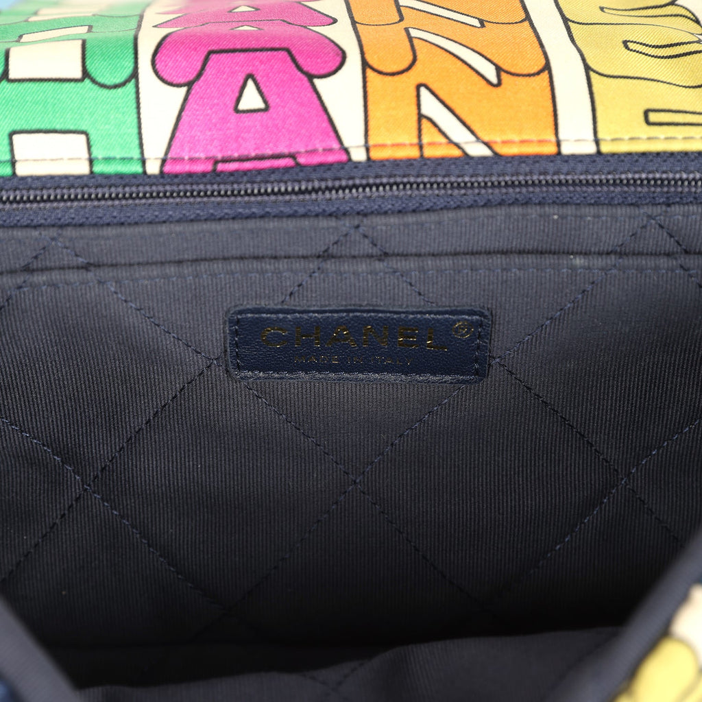 Chanel Medium Logo Flap Bag Rainbow Multicolored Printed Nylon Light Gold Hardware
