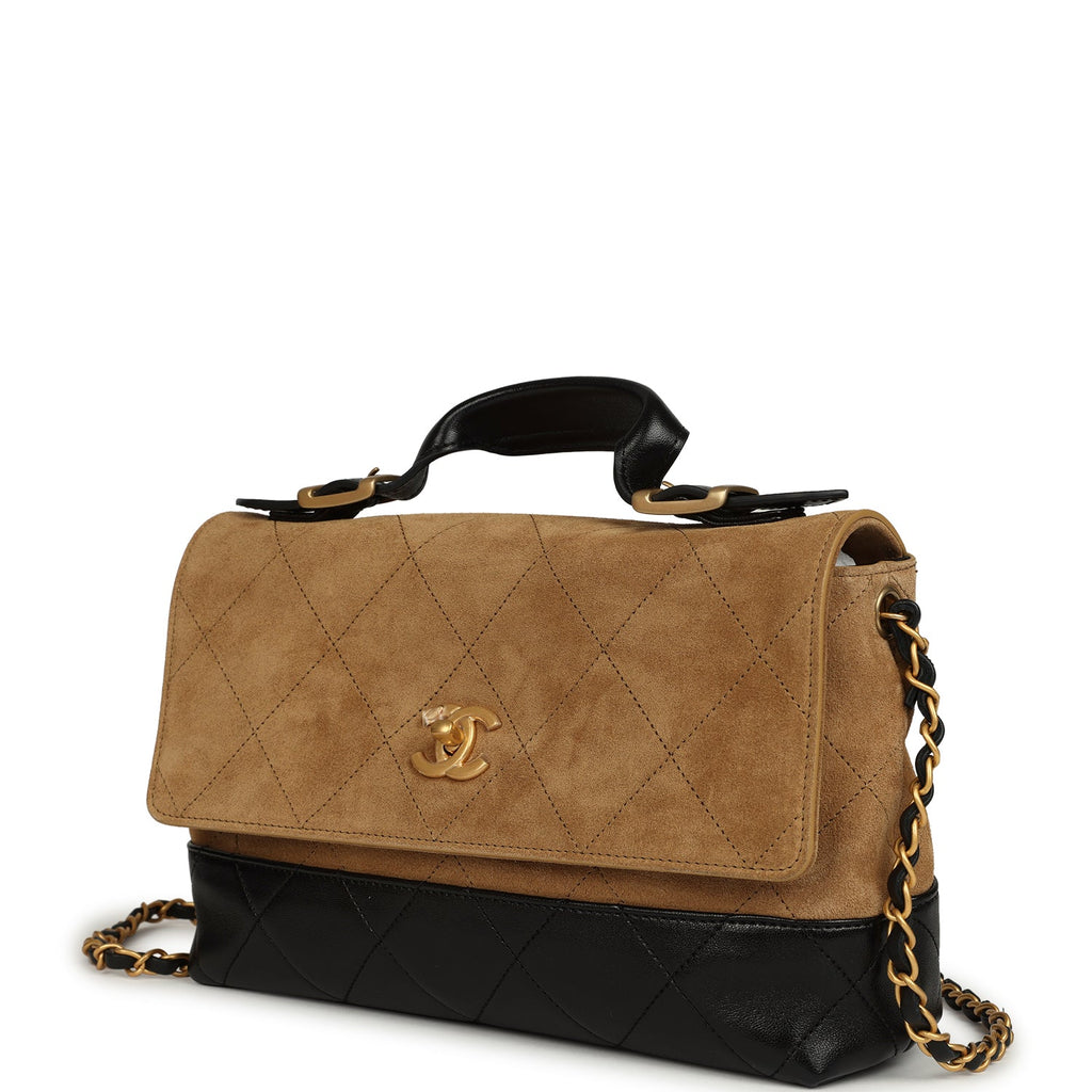 Chanel Coco Base Top Handle Flap Bag Brown Suede and Black Shiny Lambskin Brushed Gold Hardware