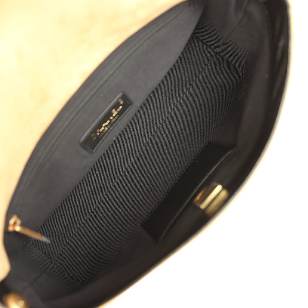 Chanel Coco Base Top Handle Flap Bag Brown Suede and Black Shiny Lambskin Brushed Gold Hardware