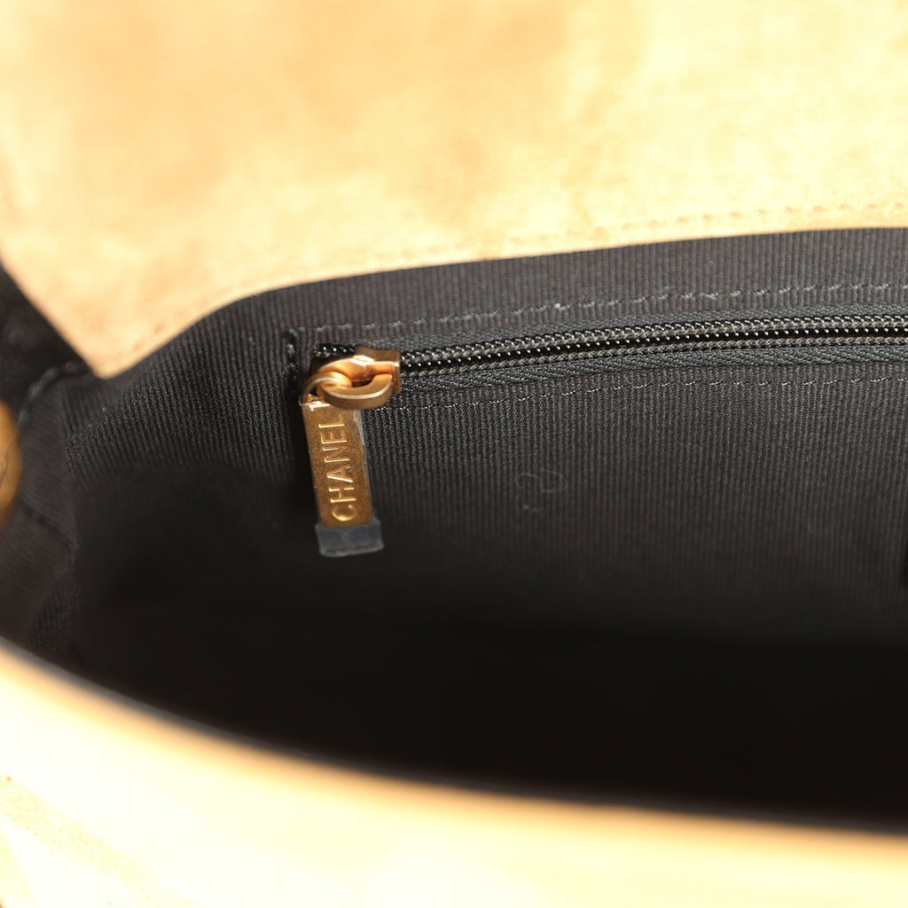 Chanel Coco Base Top Handle Flap Bag Brown Suede and Black Shiny Lambskin Brushed Gold Hardware