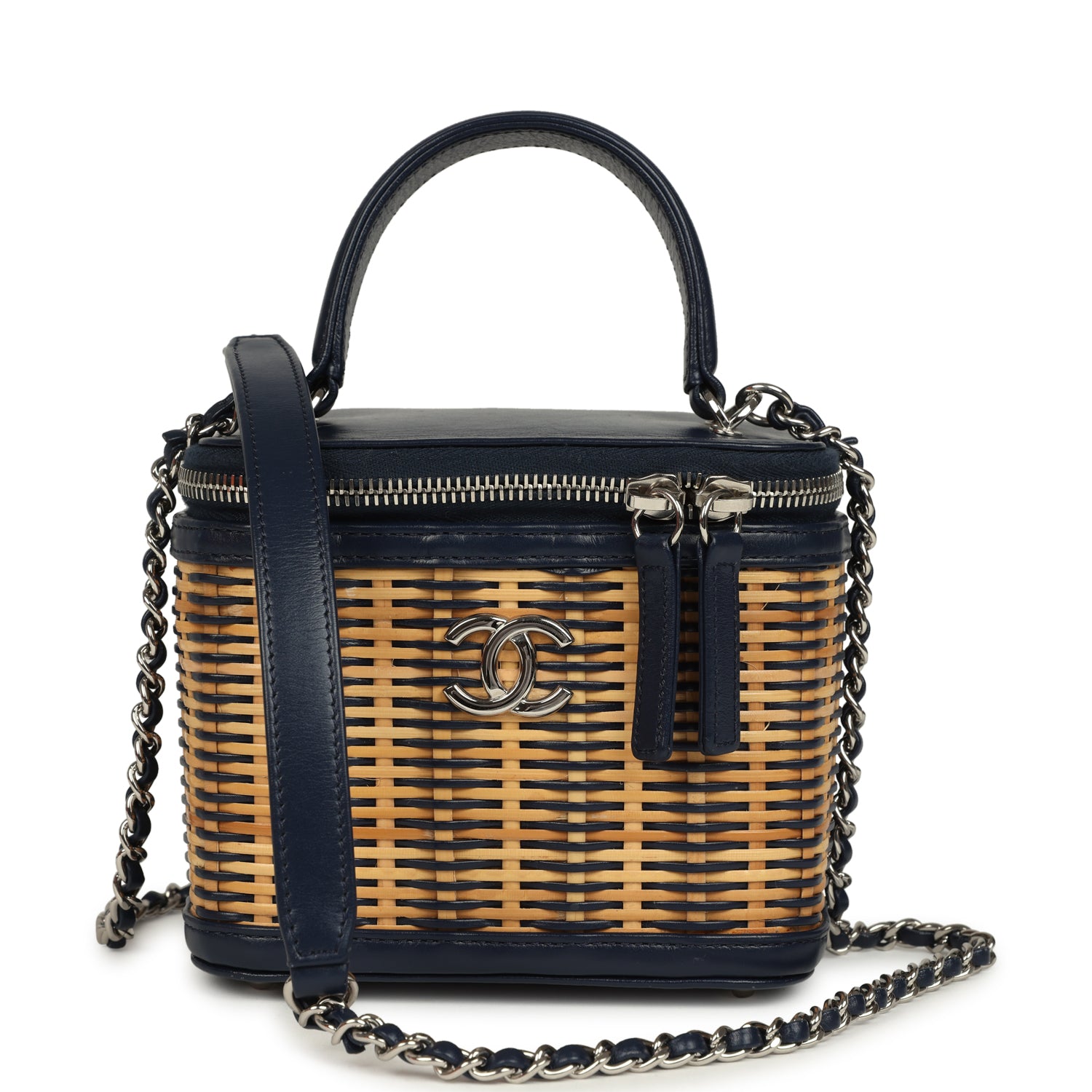 Chanel Small Top Handle Vanity Case Beige Raffia and Navy Calfskin Silver Hardware