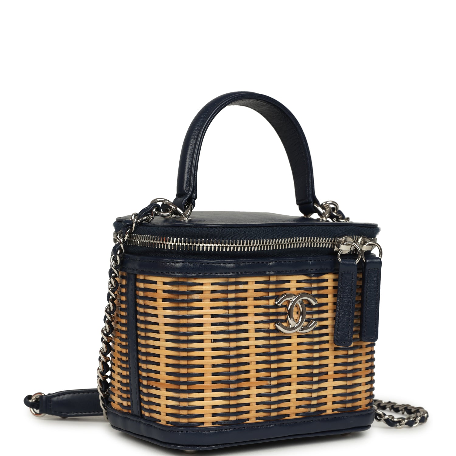 Chanel Small Top Handle Vanity Case Beige Raffia and Navy Calfskin Silver Hardware